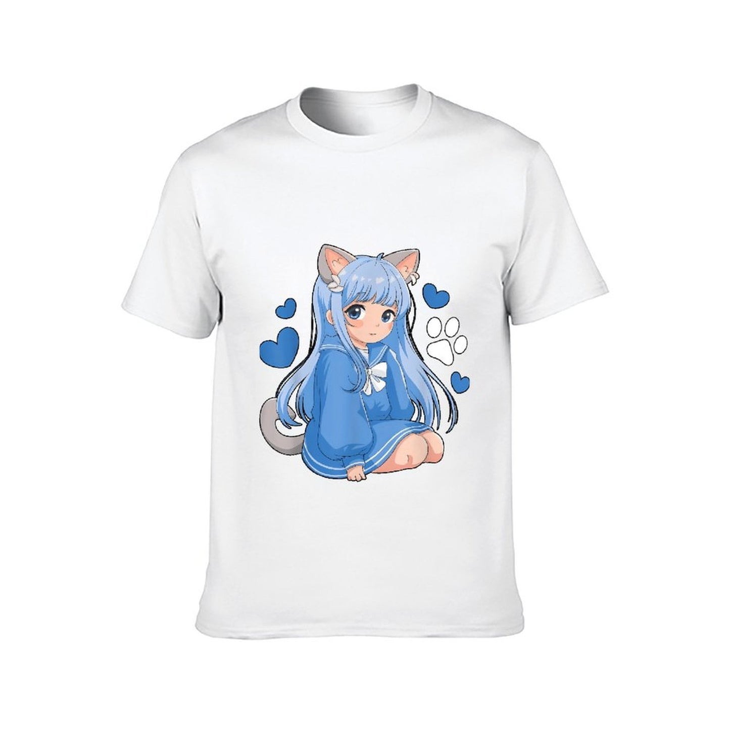 Inkmay Casual Cotton T-shirt Blue Cat Girl With Hearts Unisex T-shirtEdition EverydaySeries T-Shirt