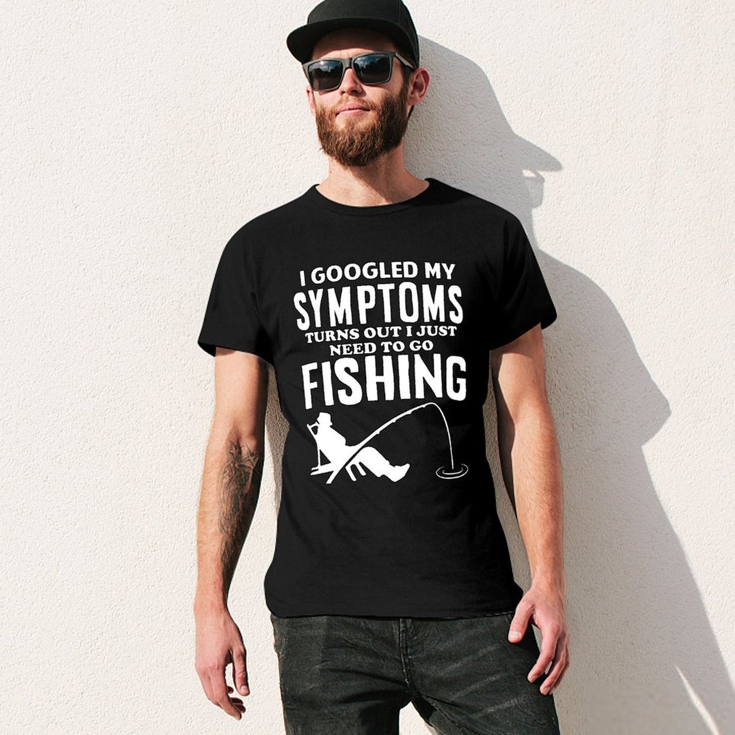Inkmay Casual Cotton T-shirt Fishing Theme Print On Black Background Unisex T-shirtTear-Resistant Wrinkle-Free T-Shirt