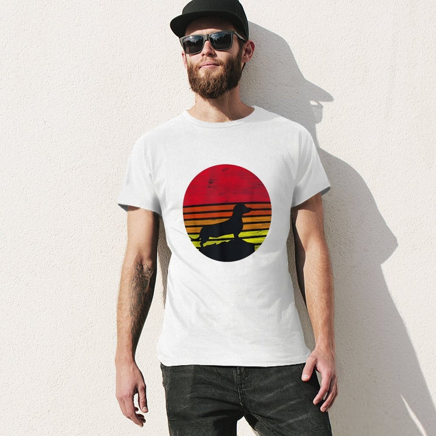 Inkmay Casual Cotton T-shirt Sunset Silhouette Dog On Beach Scene Unisex T-shirtSport Urban T-Shirt