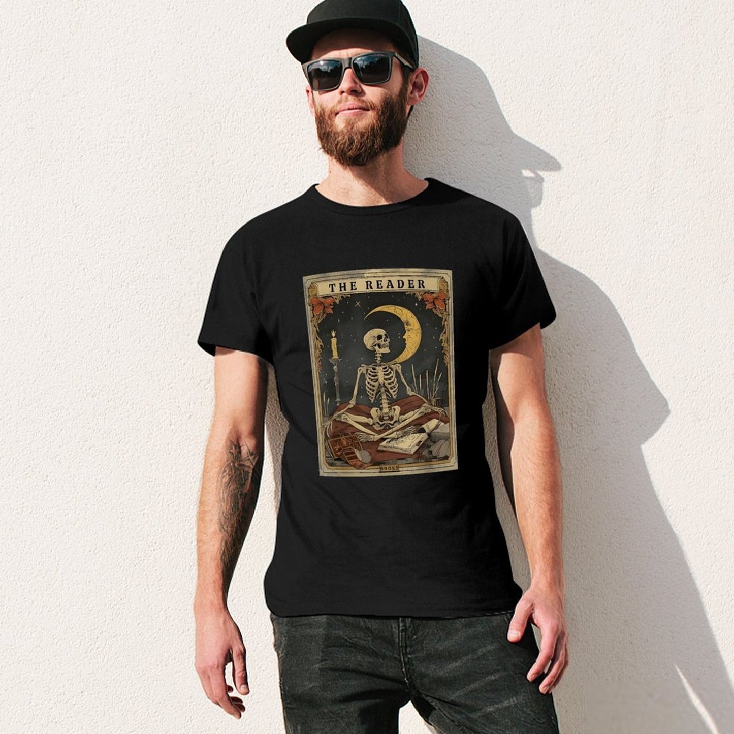 Inkmay Casual Cotton T-shirt The Reader Skeleton With Crescent Moon Unisex T-shirtSimpleFit RelaxFit T-Shirt