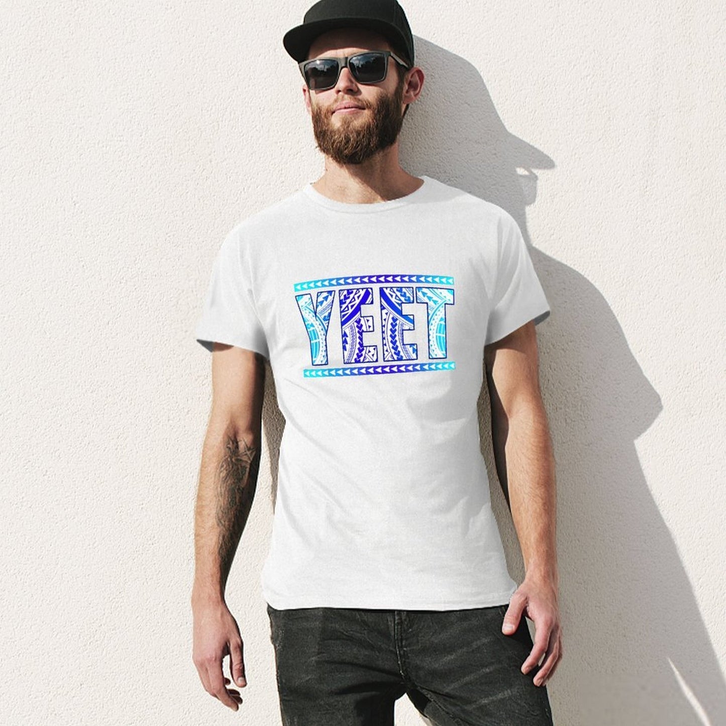 Inkmay Casual Cotton T-shirt Bold Blue Tribal Art Print Design Unisex T-shirtClean Original T-Shirt