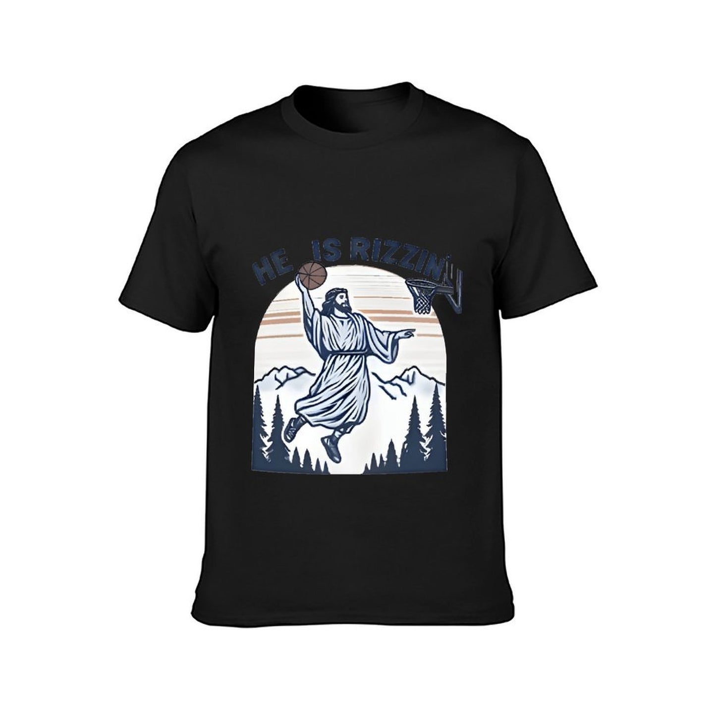 Inkmay Casual Cotton T-shirt Jesus Playing Basketball In Mountain Scene Unisex T-shirtColorfast Neat T-Shirt