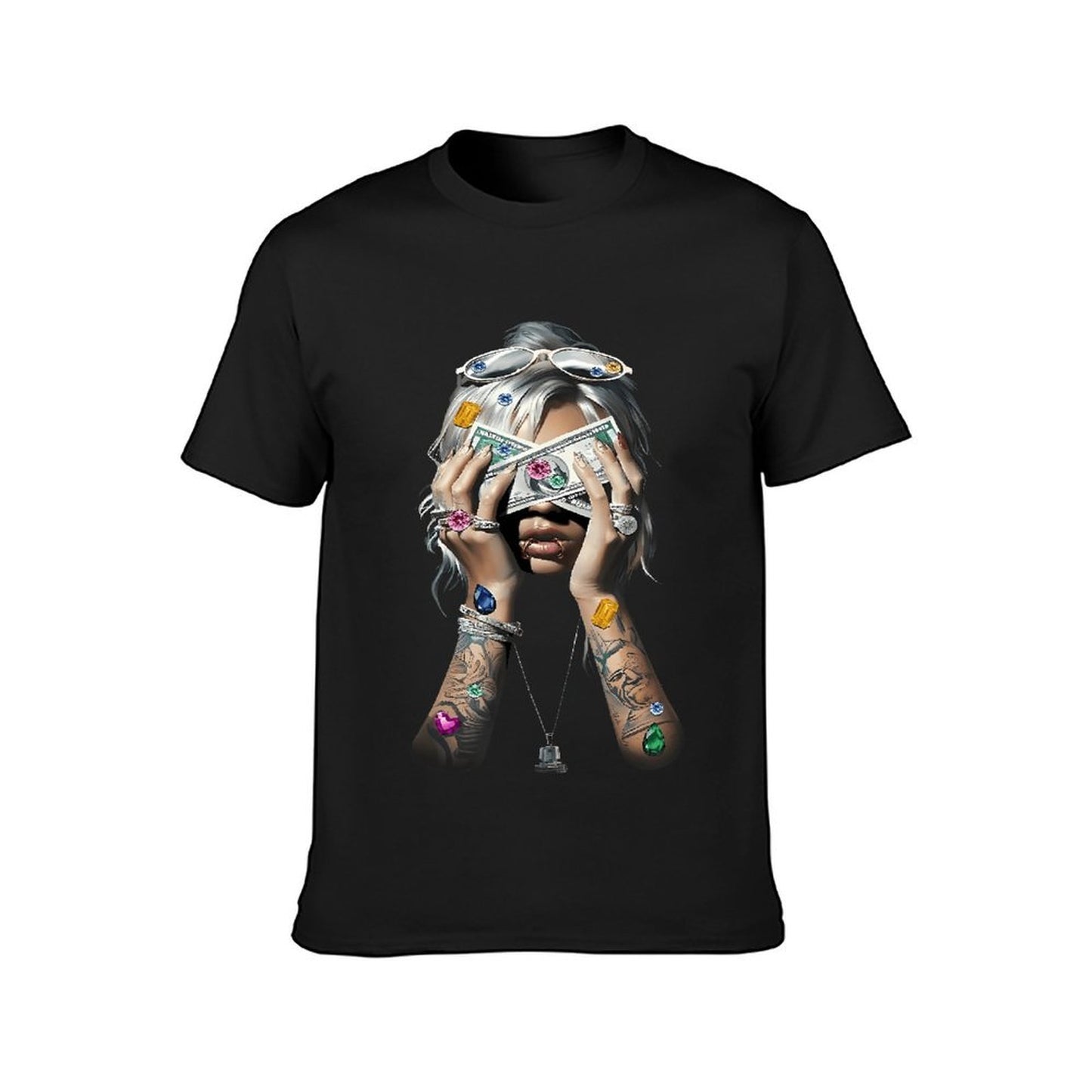 Inkmay Casual Cotton T-shirt Luxury Woman Holding Money With Gems Unisex T-shirtOriginal Chill T-Shirt