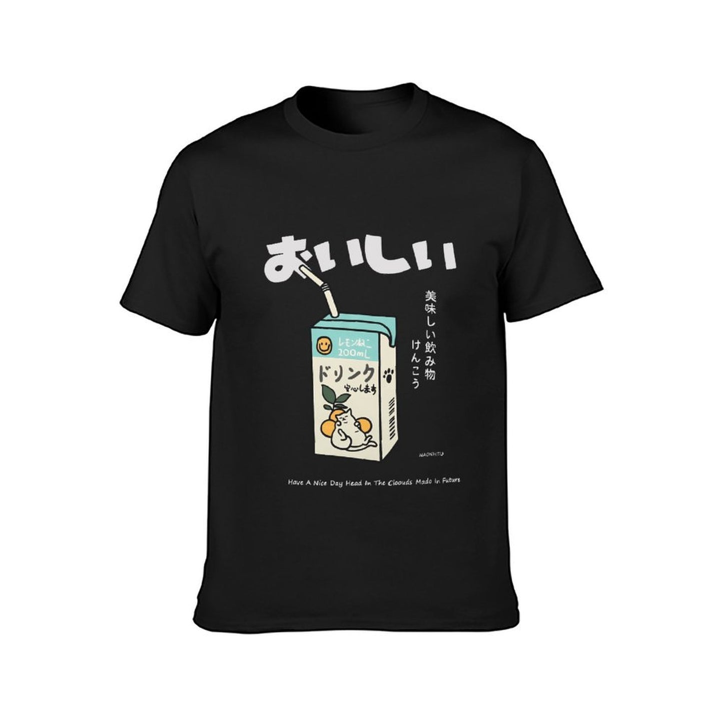Inkmay Casual Cotton T-shirt Lemon Drink With Cat Illustration Unisex T-shirtFitted TrueStyle T-Shirt