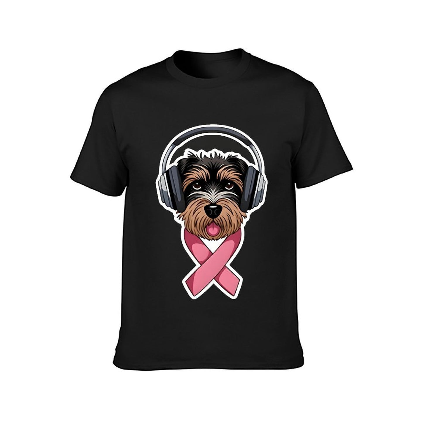 Inkmay Casual Cotton T-shirt Dog Wearing Headphones Pink Ribbon Support Unisex T-shirtClean Chill T-Shirt