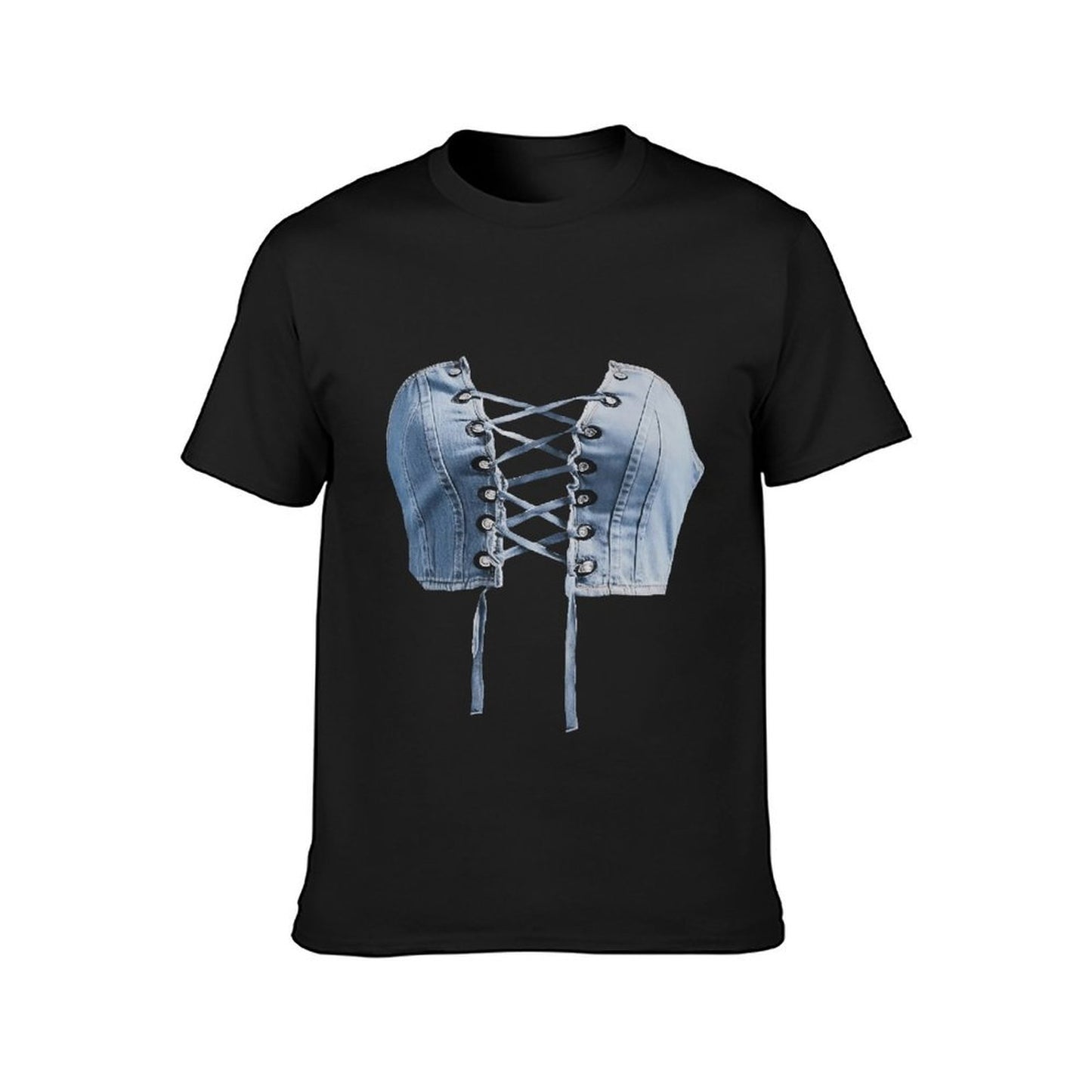 Inkmay Casual Cotton T-shirt Denim Material With Lace Up Design Unisex T-shirtShrink-Resistant Fade-Proof T-Shirt