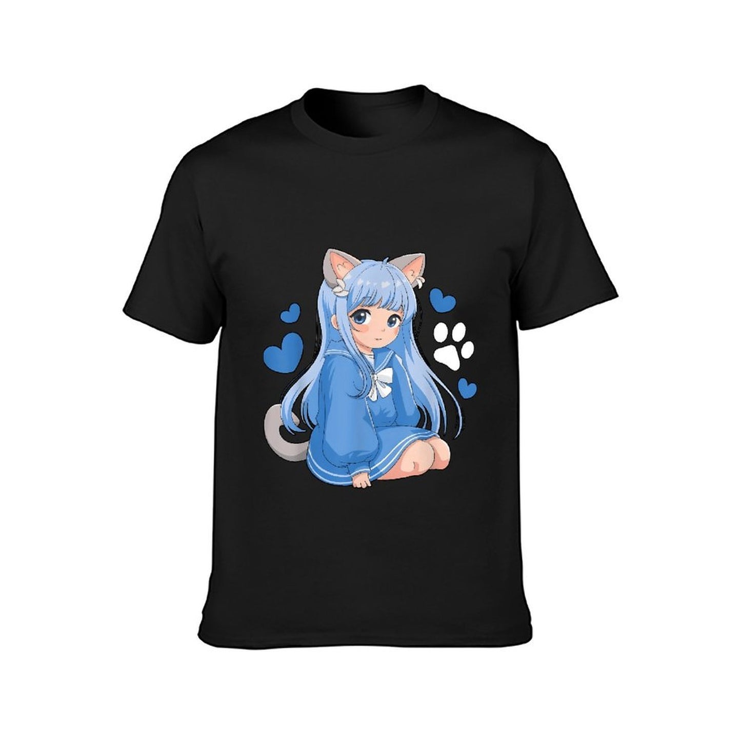 Inkmay Casual Cotton T-shirt Blue Cat Girl With Hearts Unisex T-shirtEdition EverydaySeries T-Shirt