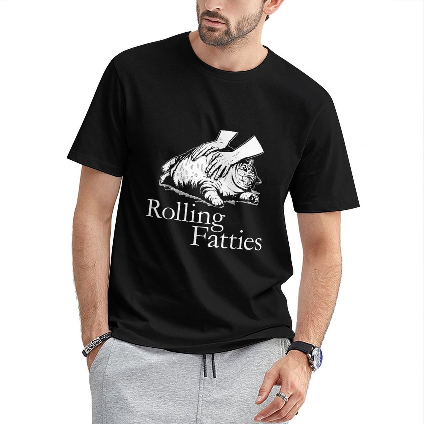 Inkmay Casual Cotton T-shirt Rolling Fatties Cat Massage Art Print Unisex T-shirt