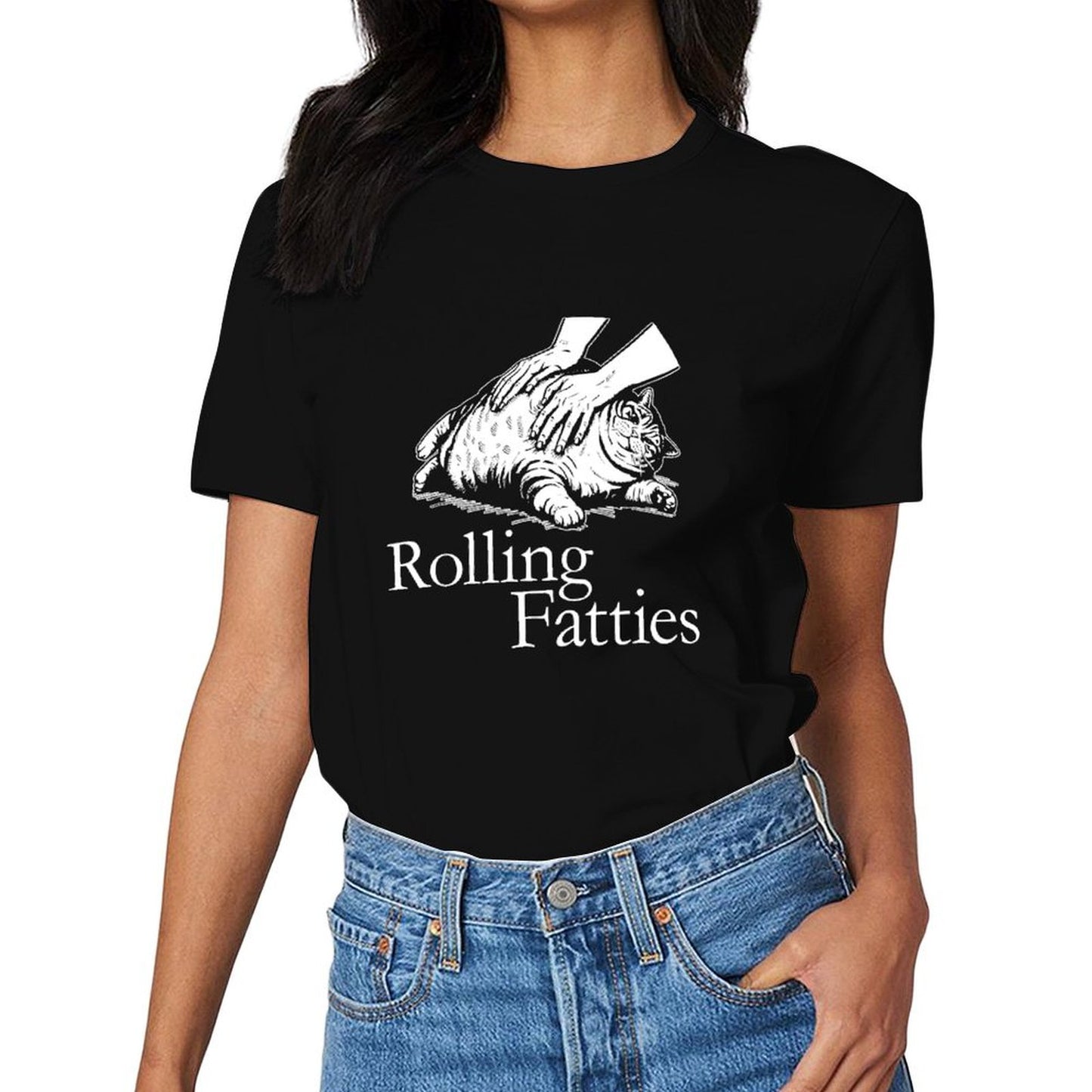 Inkmay Casual Cotton T-shirt Rolling Fatties Cat Massage Art Print Unisex T-shirt
