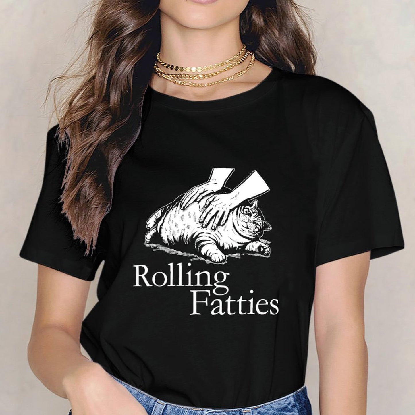 Inkmay Casual Cotton T-shirt Rolling Fatties Cat Massage Art Print Unisex T-shirt