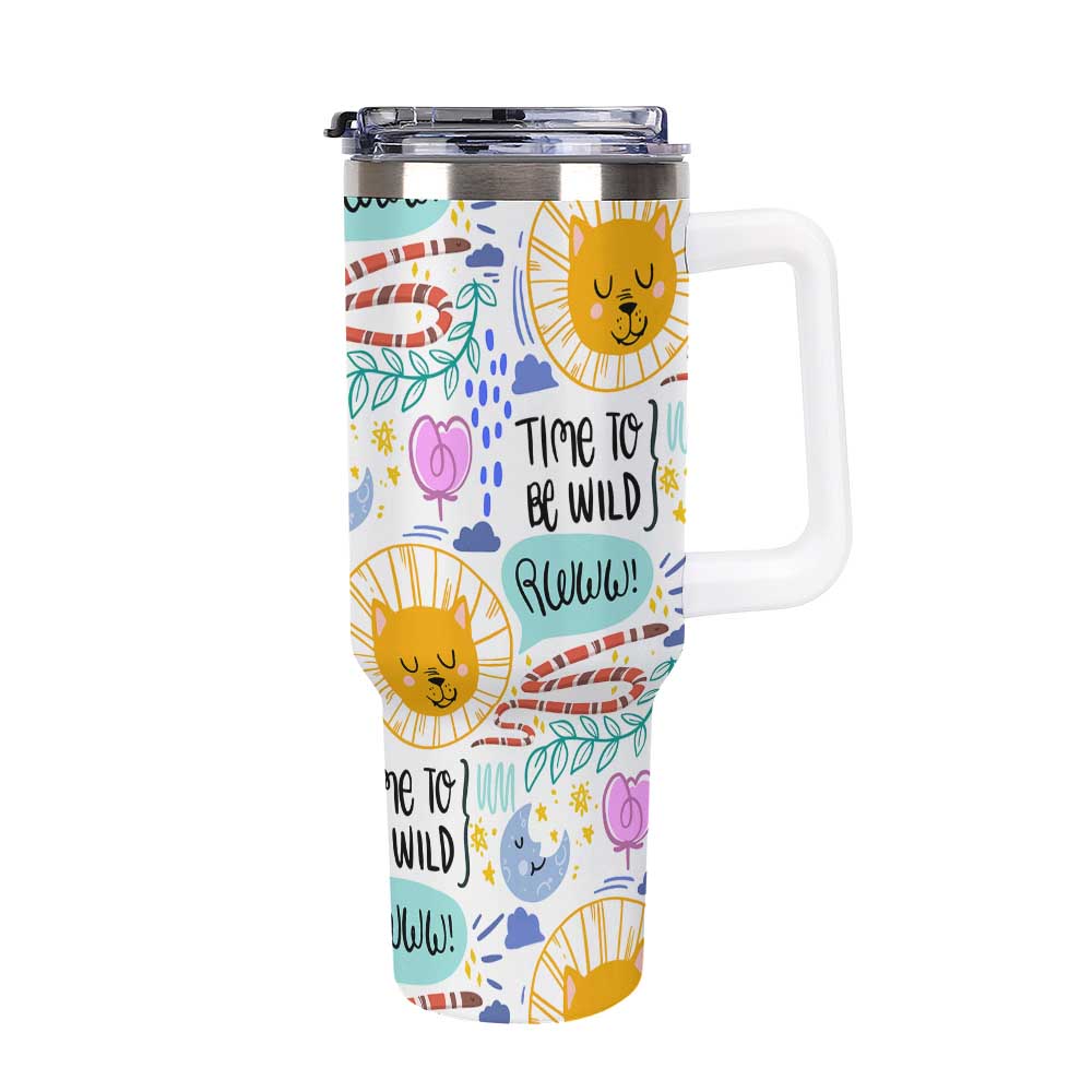 Travel Mug with Handle White Colorful Sun Moon Stars and Time to Be Wild Print for Outdoor Adventures