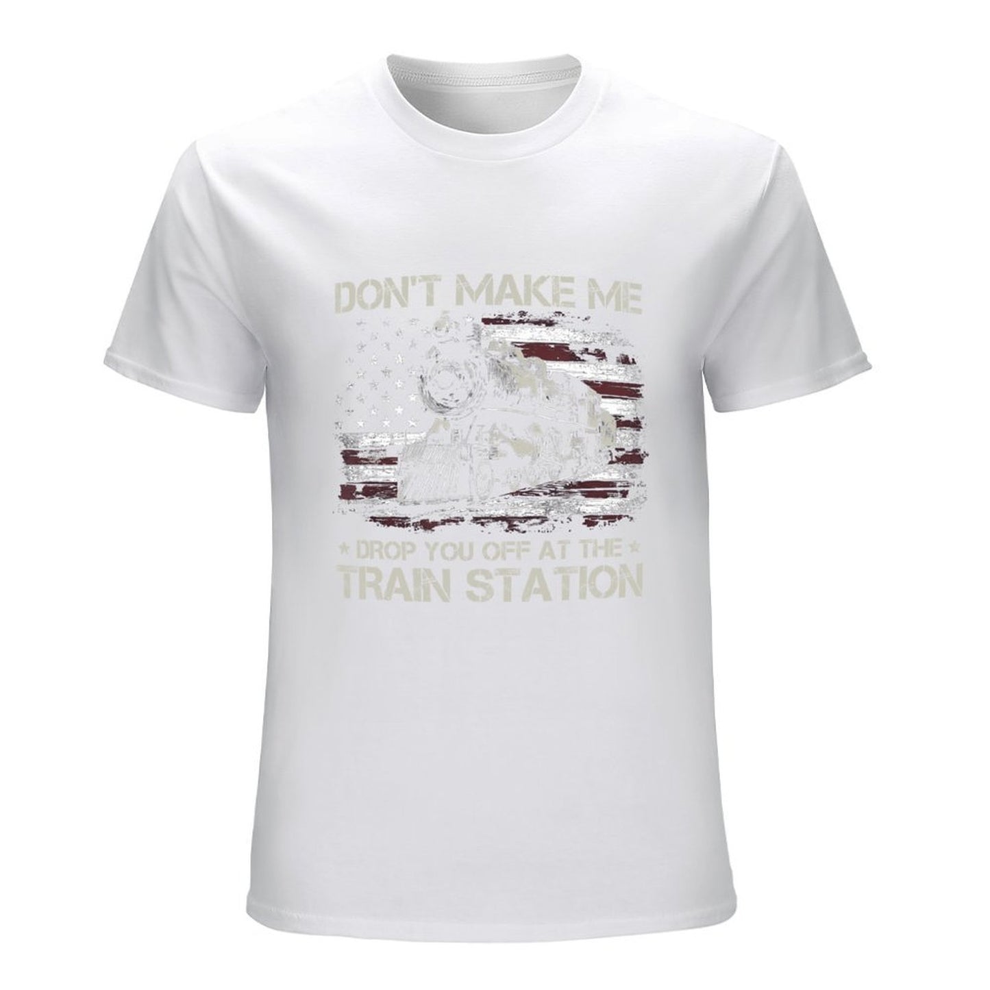 Inkmay Casual Cotton T-shirt American Flag With Train Graphic Design Unisex T-shirtMidweight Soft-Touch T-Shirt