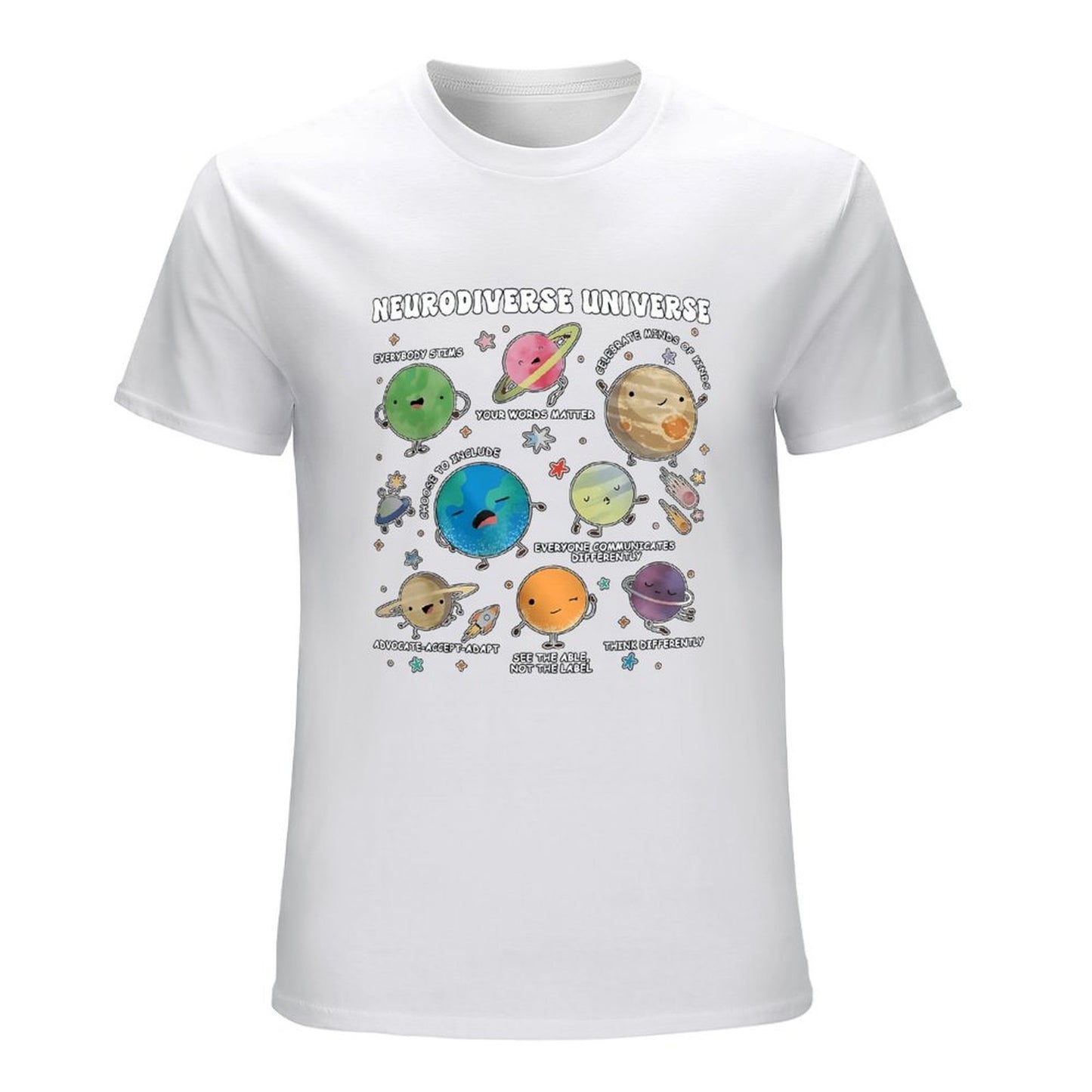 Inkmay Casual Cotton T-shirt Neurodiverse Universe Planets With Friendly Faces Unisex T-shirtMinimal ComfortLine T-Shirt