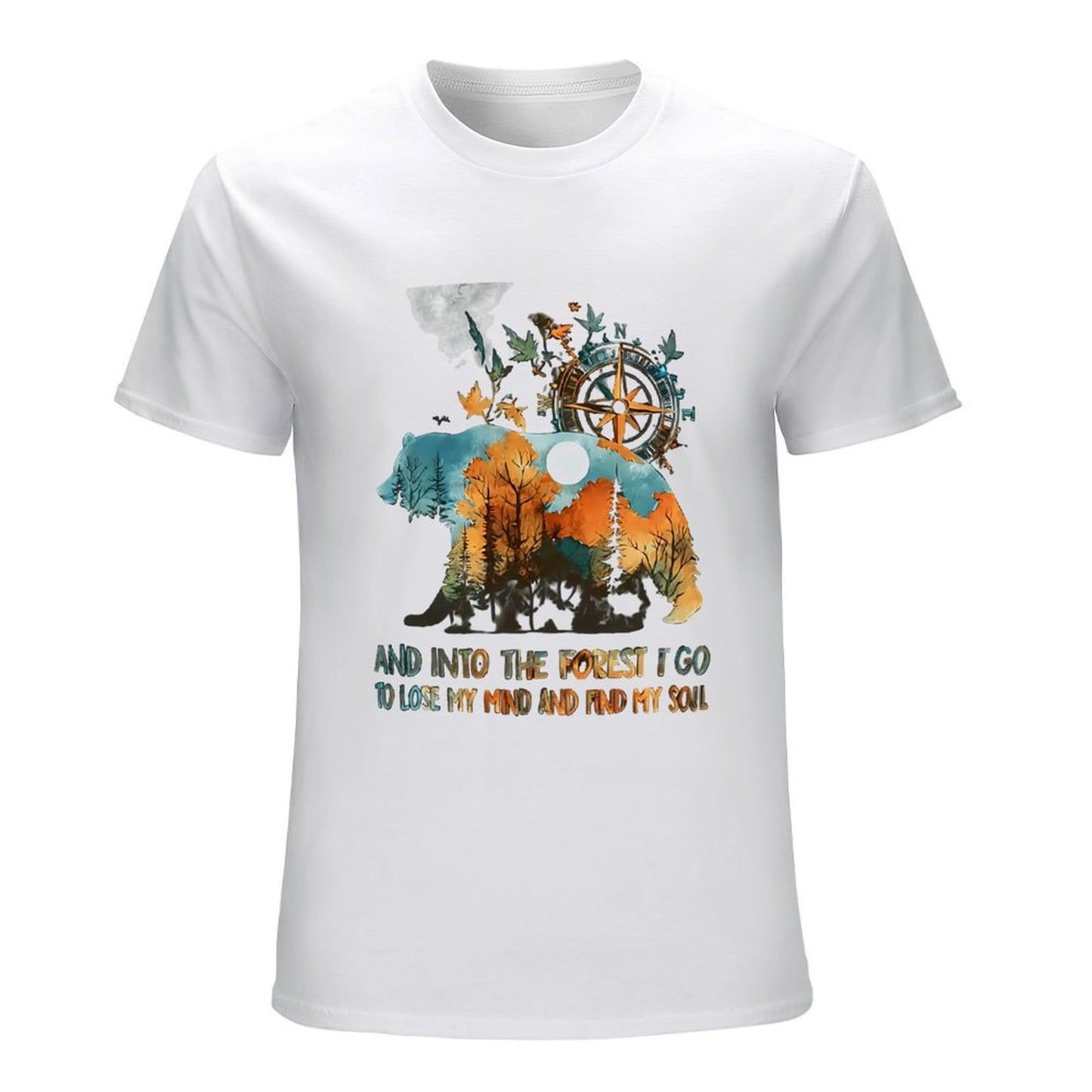 Inkmay Casual Cotton T-shirt Bear Forest Compass Nature Artwork Design Unisex T-shirtTimelessStyle Long Lasting T-Shirt