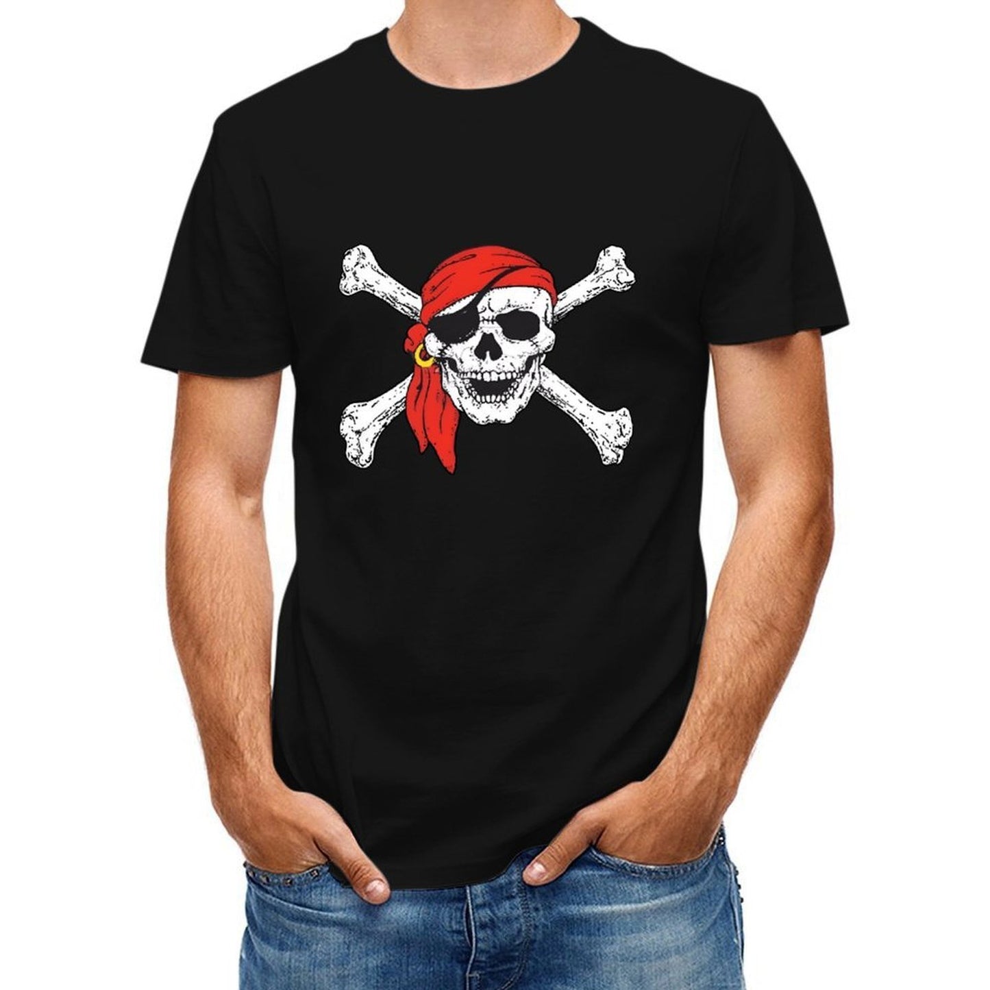 Inkmay Casual Cotton T-shirt Pirate Skull With Red Bandana Crossbones Unisex T-shirtNeat Clean T-Shirt