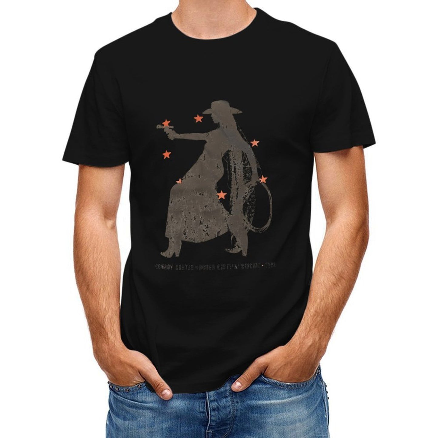 Inkmay Casual Cotton T-shirt Cowboy Silhouette With Orange Floral Accents Unisex T-shirtHeavyweight Fitted T-Shirt