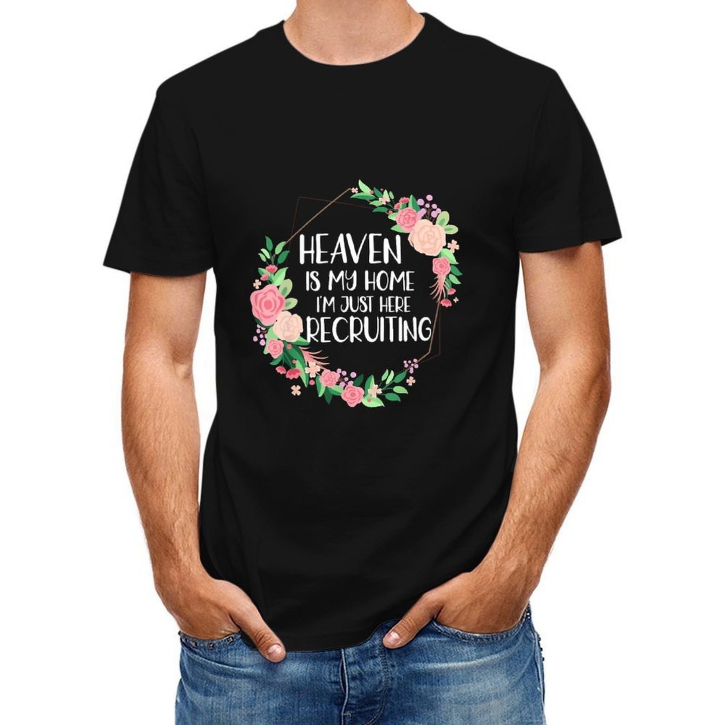 Inkmay Casual Cotton T-shirt Floral Frame With Pink Roses Unisex T-shirtEdition Softstyle T-Shirt