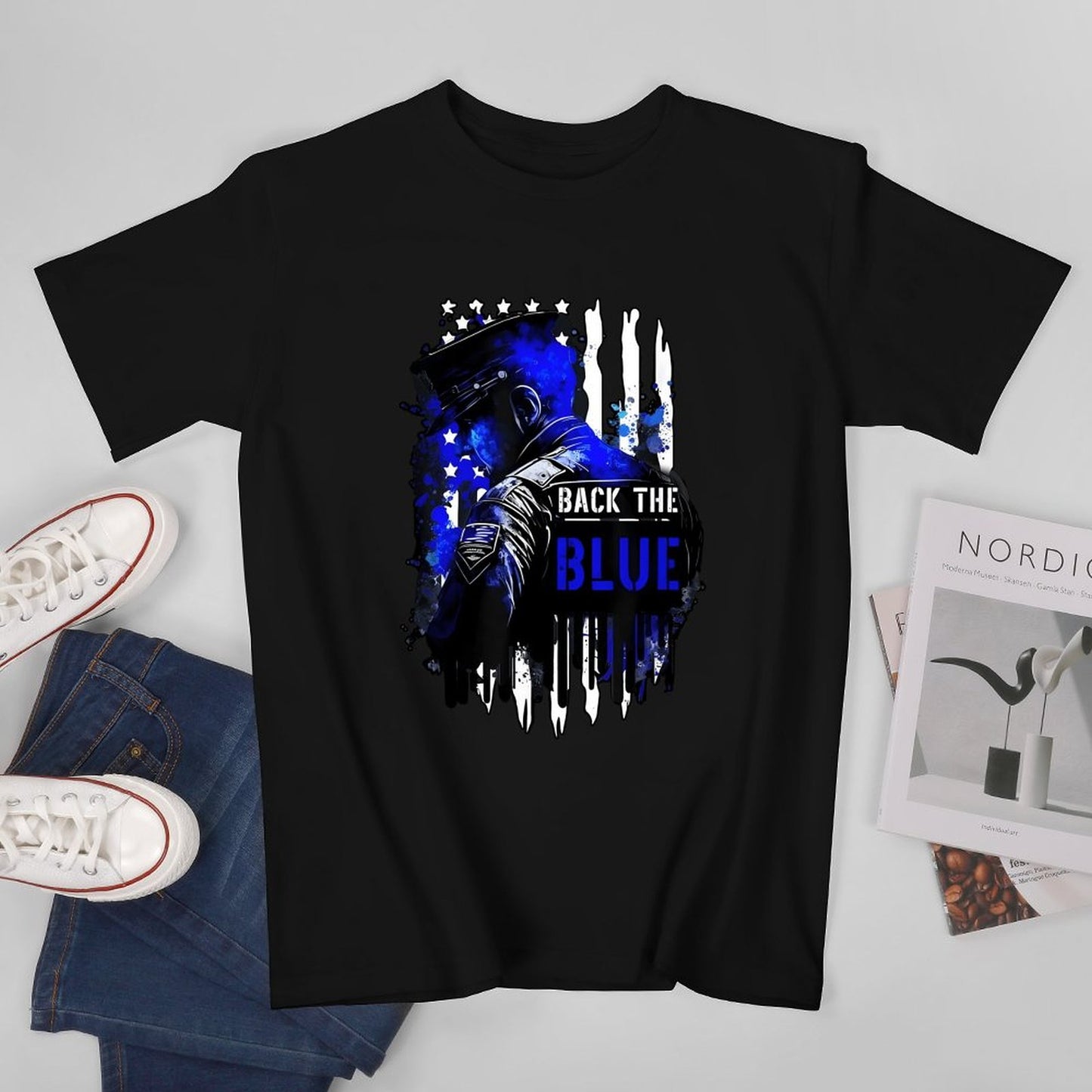 Inkmay Casual Cotton T-shirt Back The Blue Police Support Design Unisex T-shirtEverydaySeries RelaxFit T-Shirt
