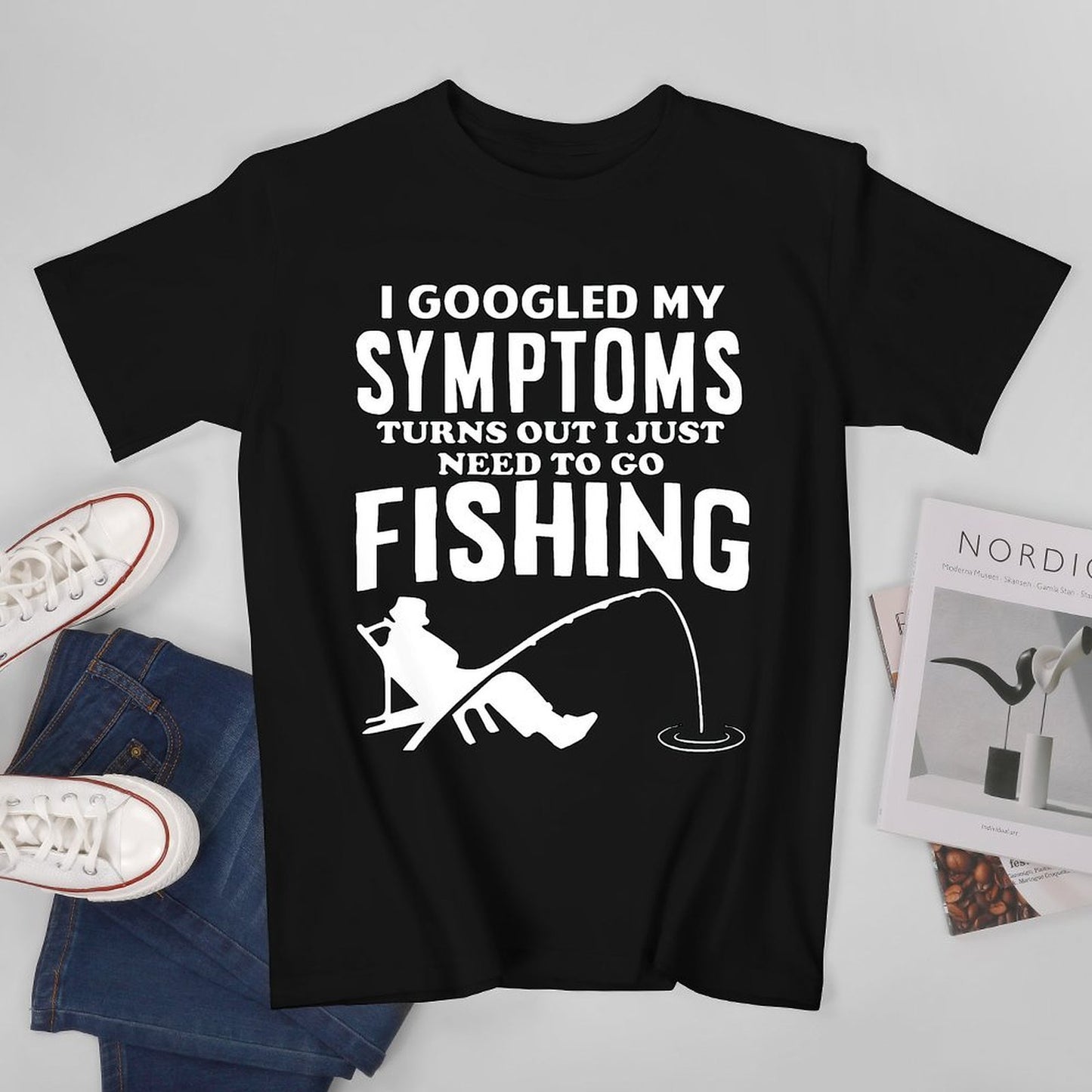 Inkmay Casual Cotton T-shirt Fishing Theme Print On Black Background Unisex T-shirtTear-Resistant Wrinkle-Free T-Shirt