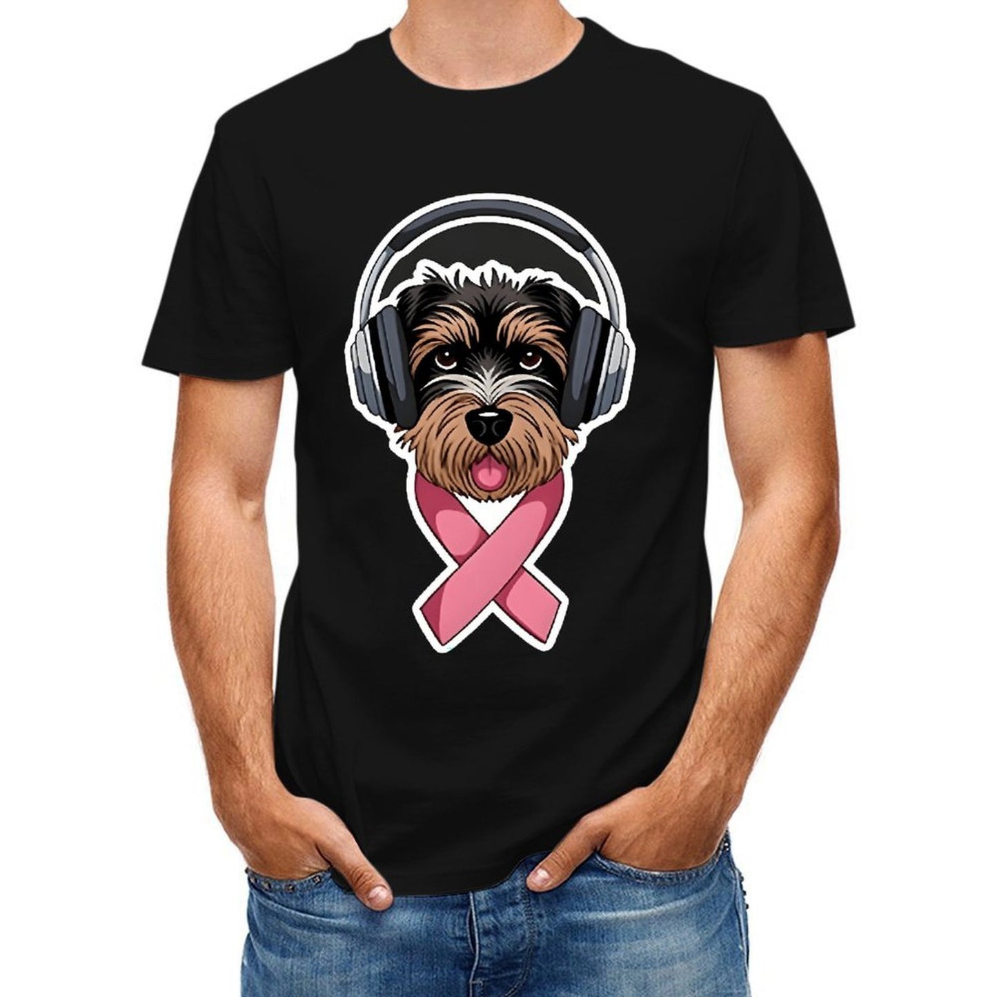 Inkmay Casual Cotton T-shirt Dog Wearing Headphones Pink Ribbon Support Unisex T-shirtClean Chill T-Shirt