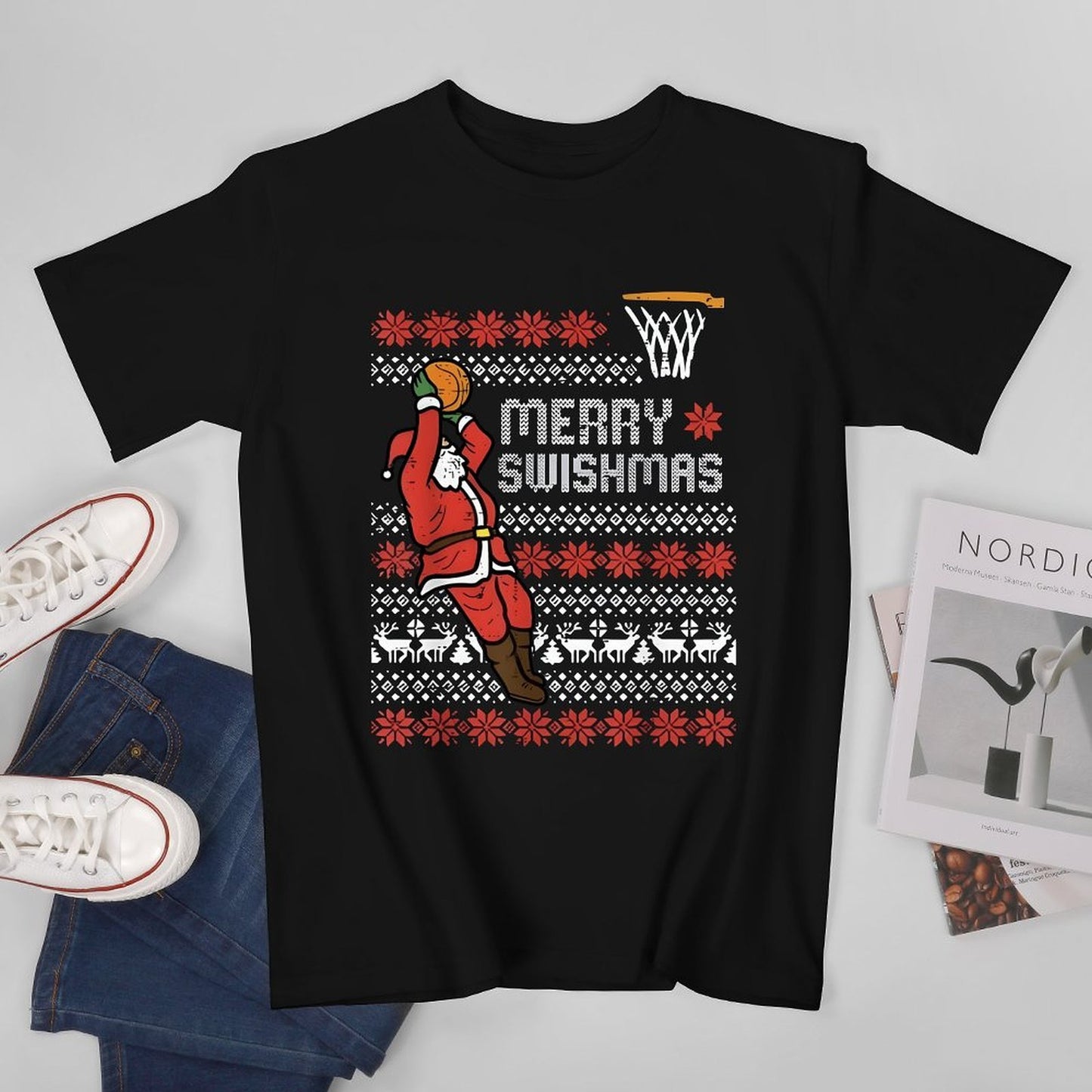 Inkmay Casual Cotton T-shirt Merry Swishmas Santa Plays Basketball Pattern Unisex T-shirtClassic EverydaySeries T-Shirt