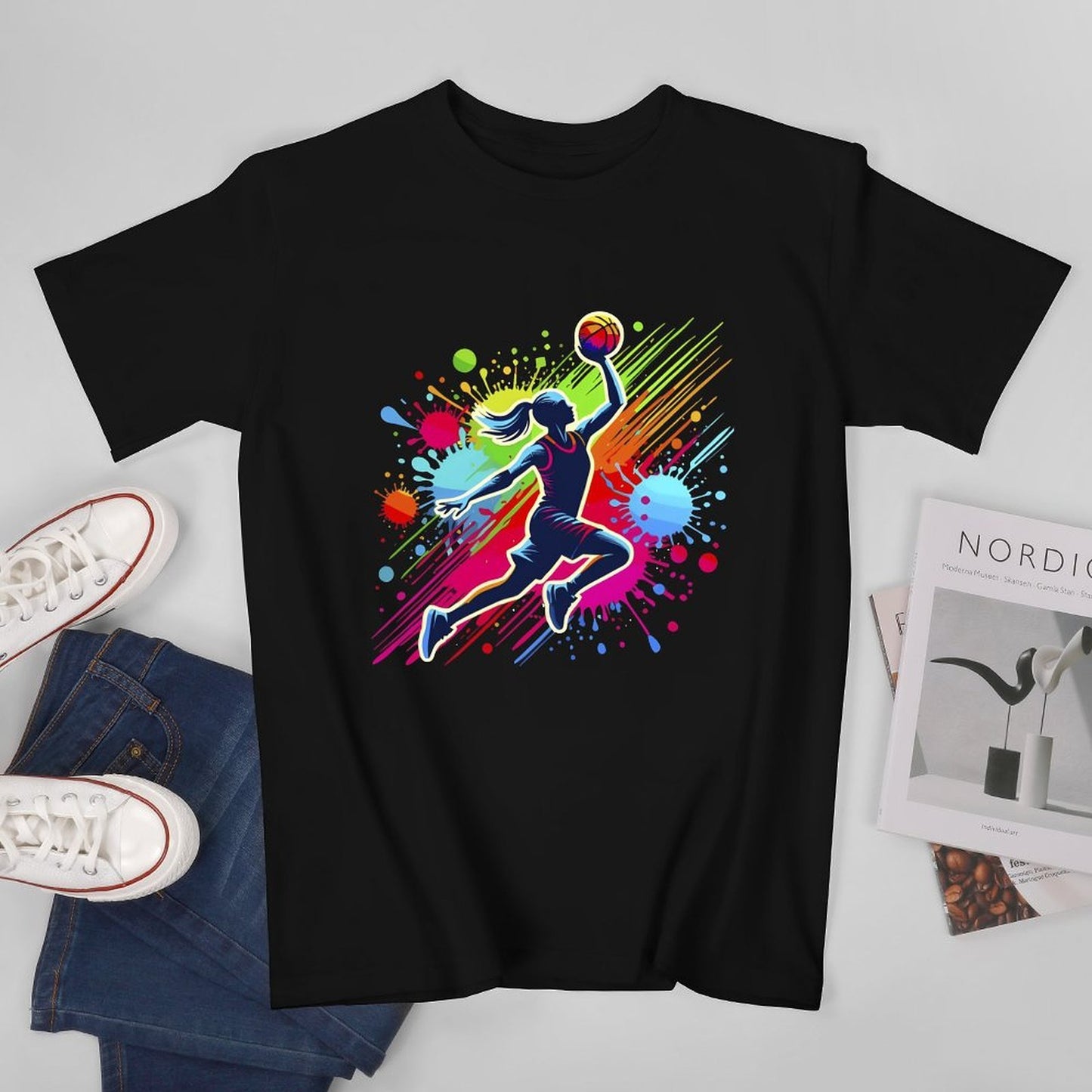Inkmay Casual Cotton T-shirt Basketball Player With Colorful Splash Design Unisex T-shirtNeat Smooth T-Shirt