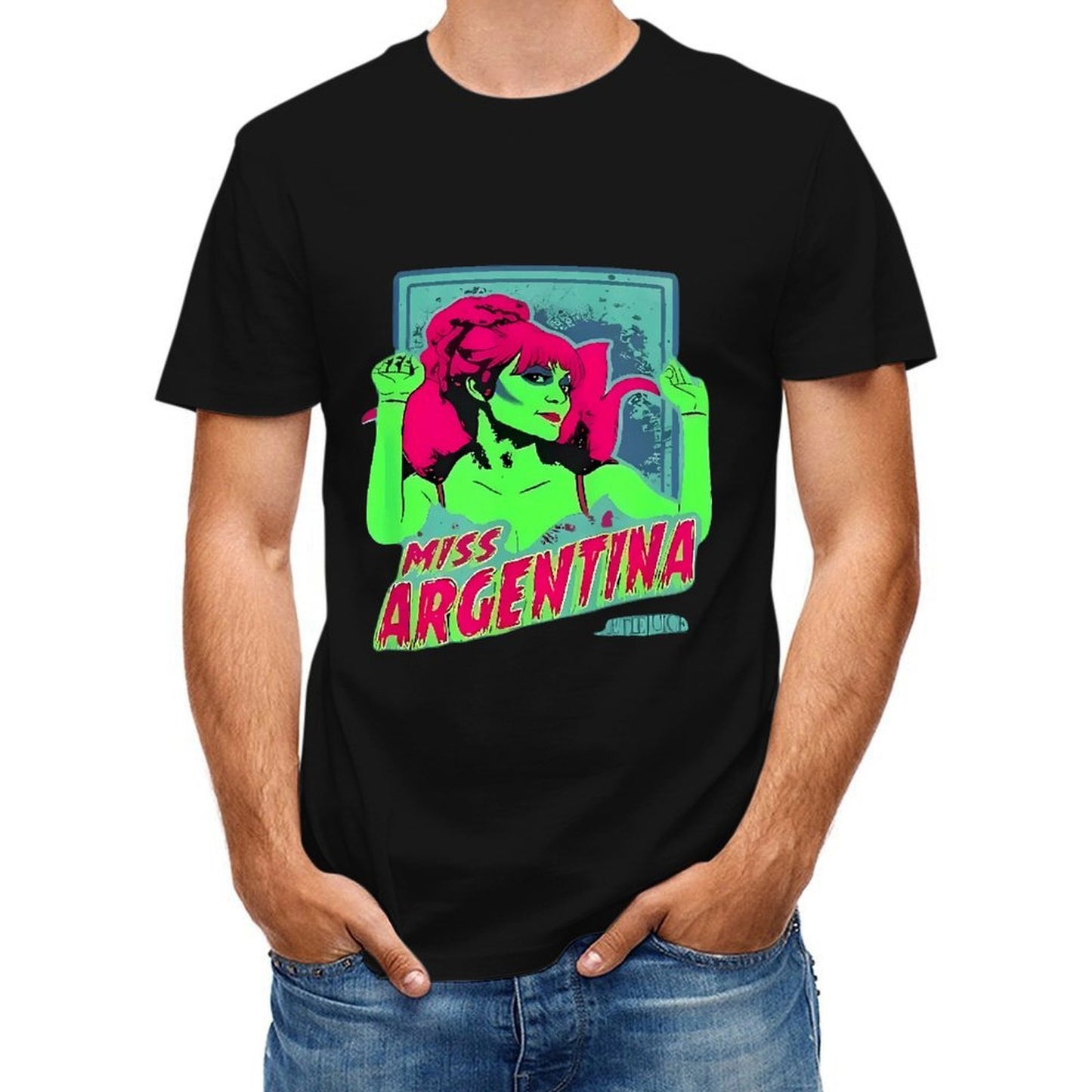 Inkmay Casual Cotton T-shirt Miss Argentina Bright Green Pink Art Unisex T-shirtEssentialFit Printing T-Shirt