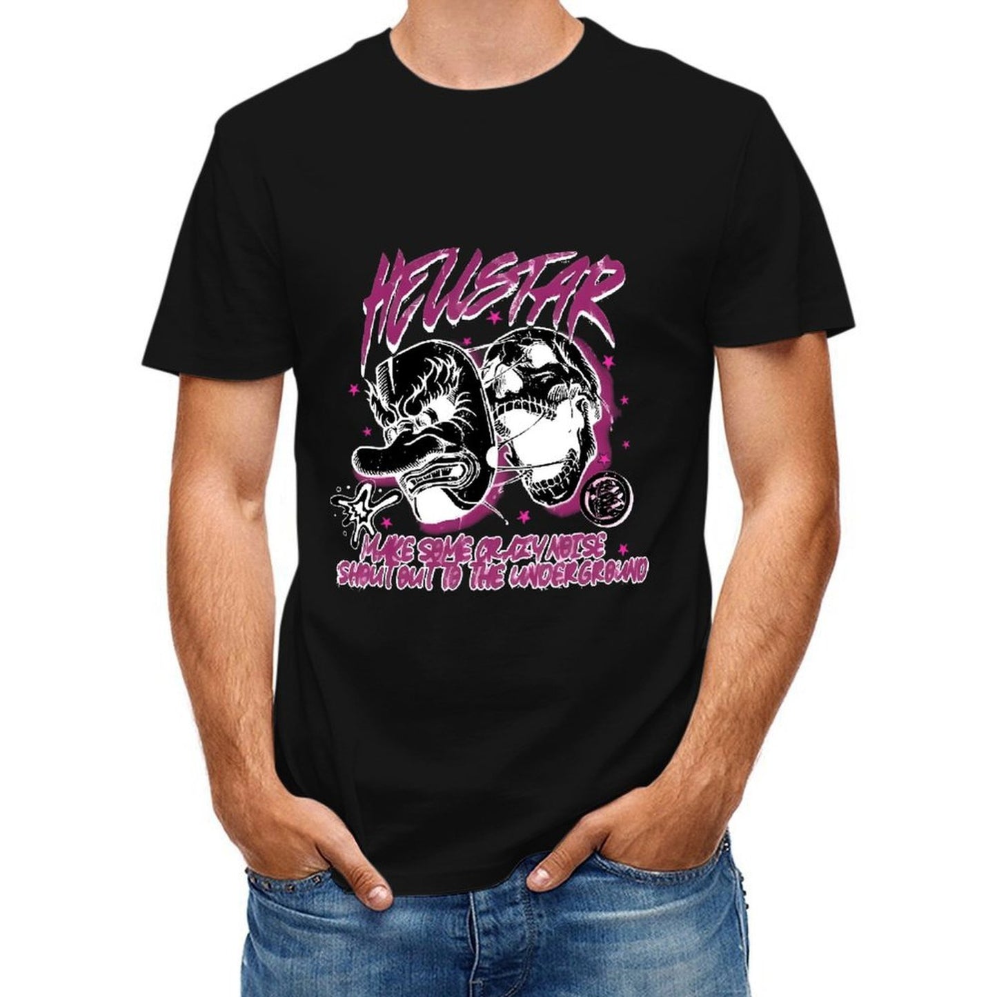 Inkmay Casual Cotton T-shirt Heustar Mask Art With Pink Stars Unisex T-shirtFade-Resistant Sharp T-Shirt
