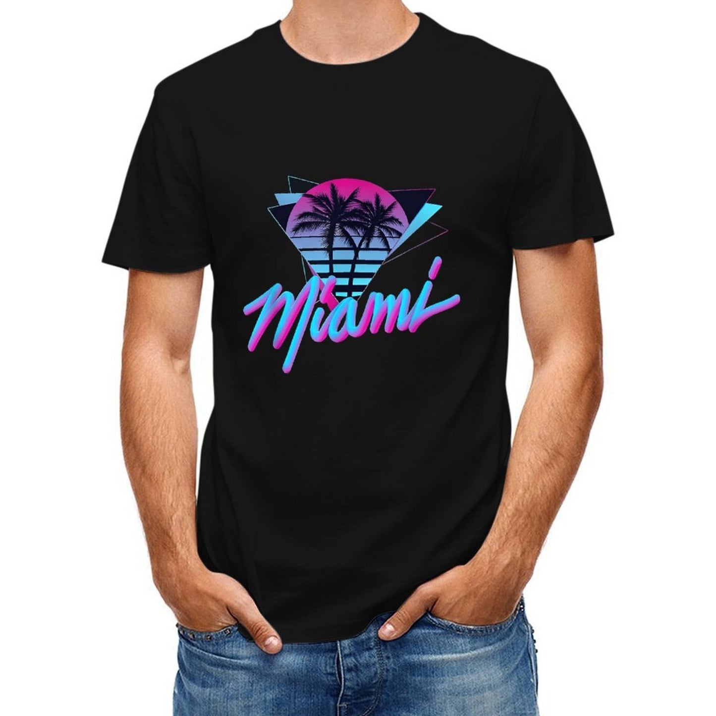 Inkmay Casual Cotton T-shirt Miami Sunset Palm Trees Art Print Unisex T-shirtSmooth Feel TrueFit T-Shirt