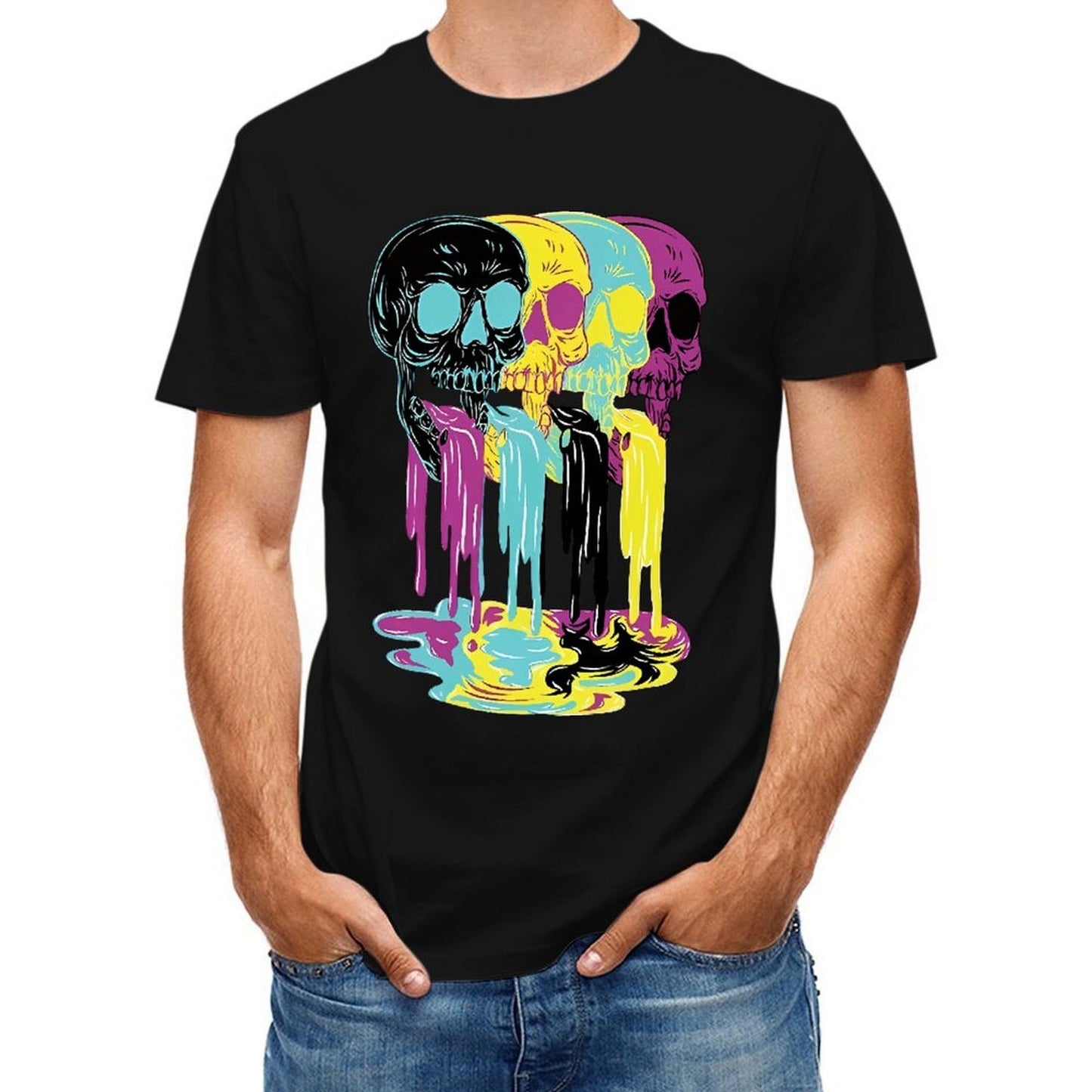 Inkmay Casual Cotton T-shirt Colorful Skulls With Dripping Paint Effects Unisex T-shirtActiveWear ComfortFit T-Shirt