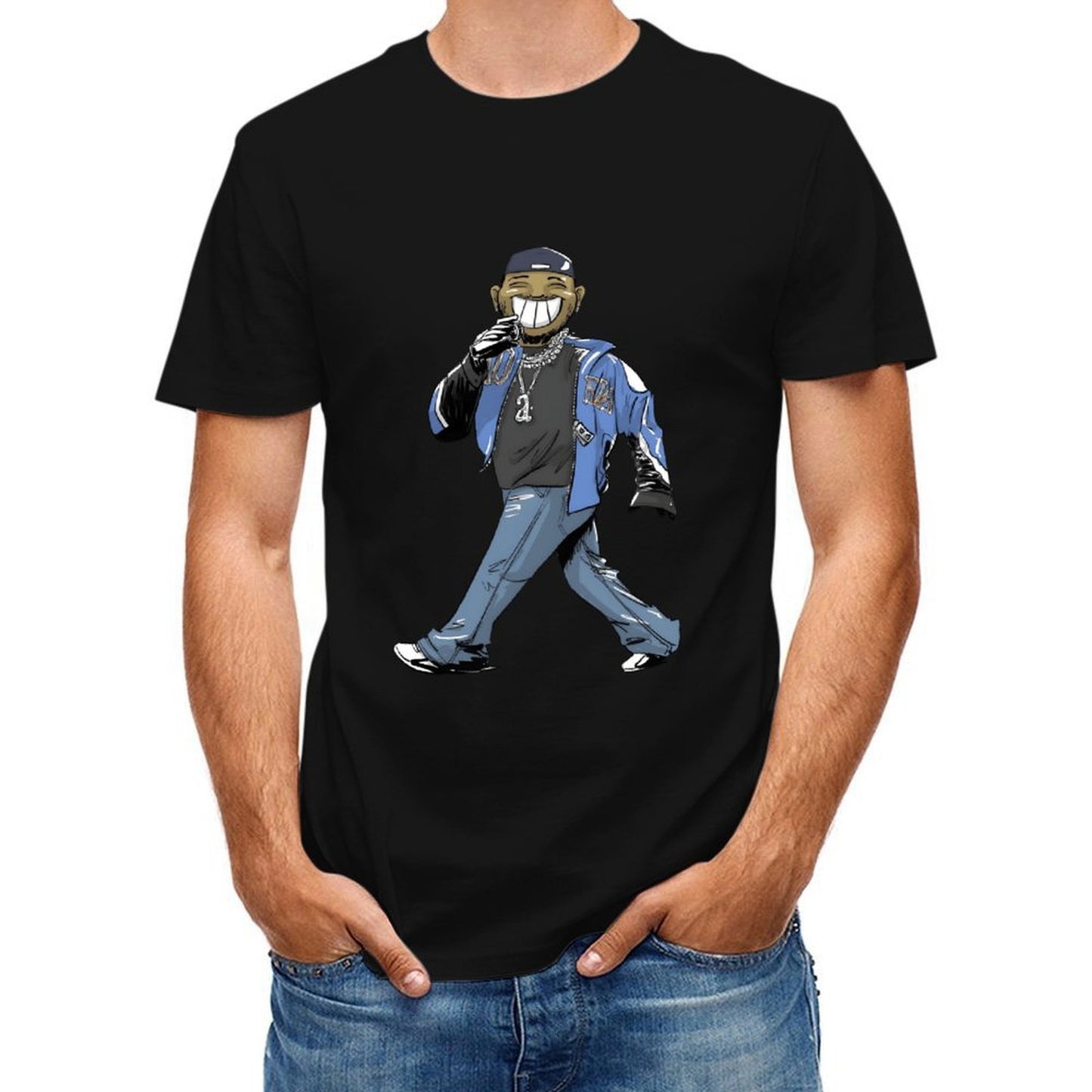 Inkmay Casual Cotton T-shirt Cartoon Character Wearing Blue Jacket Pants Unisex T-shirtBreathable TrueFit T-Shirt