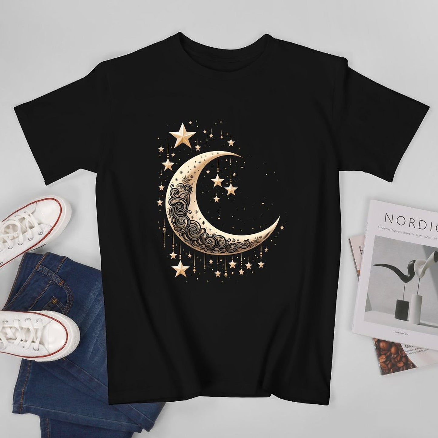 Inkmay Casual Cotton T-shirt Elegant Crescent Moon With Stars Design Unisex T-shirtCasual ActiveStyle T-Shirt