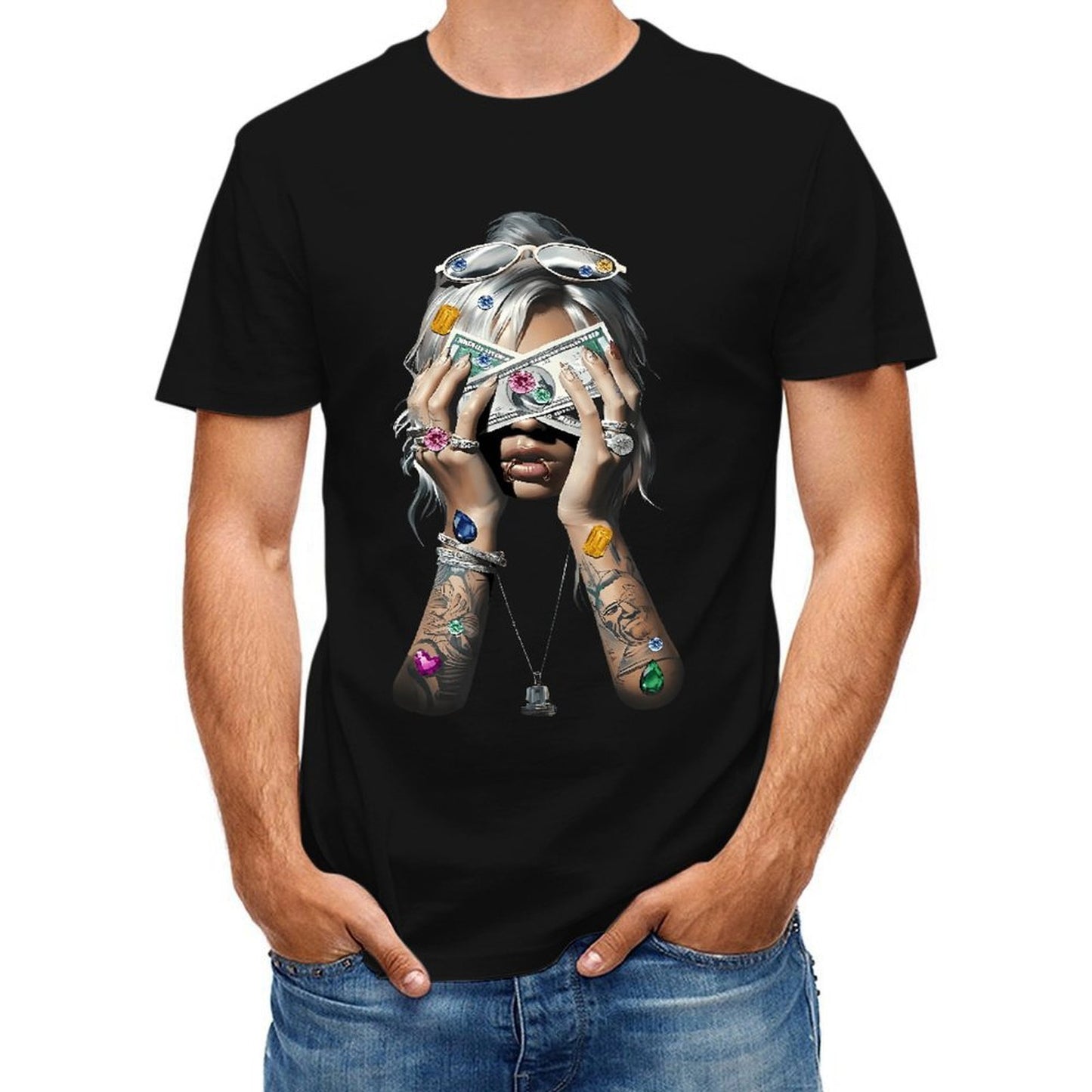 Inkmay Casual Cotton T-shirt Luxury Woman Holding Money With Gems Unisex T-shirtOriginal Chill T-Shirt