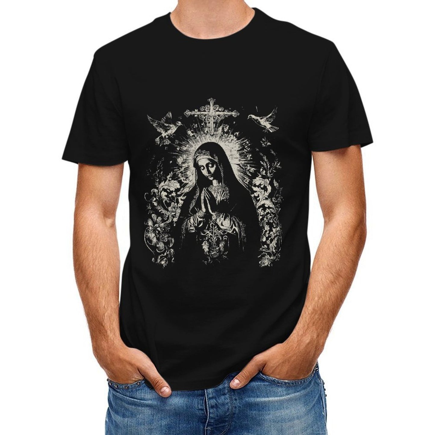 Inkmay Casual Cotton T-shirt Religious Art With Angels And Cross Unisex T-shirtNeutral Solid T-Shirt
