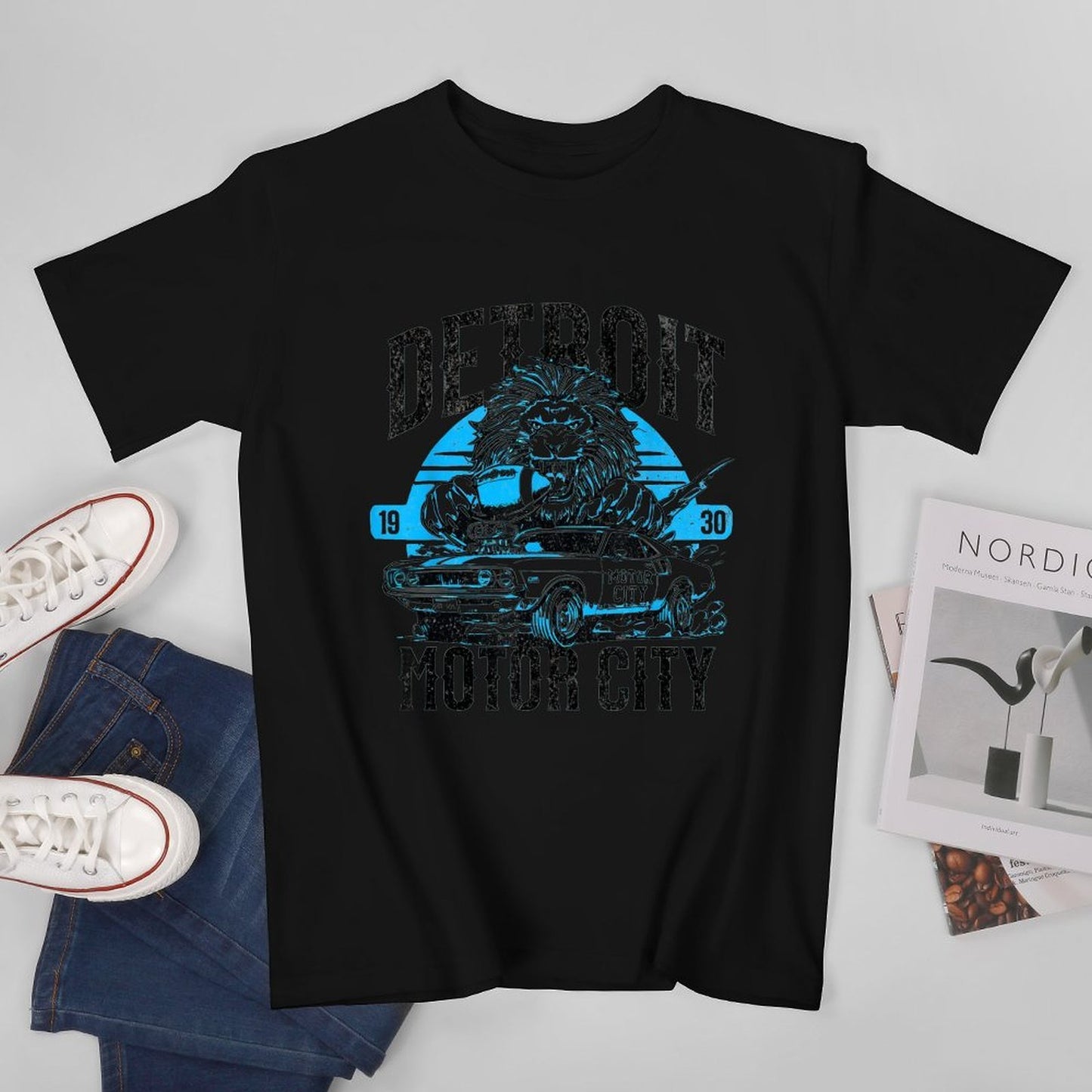 Inkmay Casual Cotton T-shirt Detroit Motor City Lion Car Design Unisex T-shirtPromotional T-Shirt
