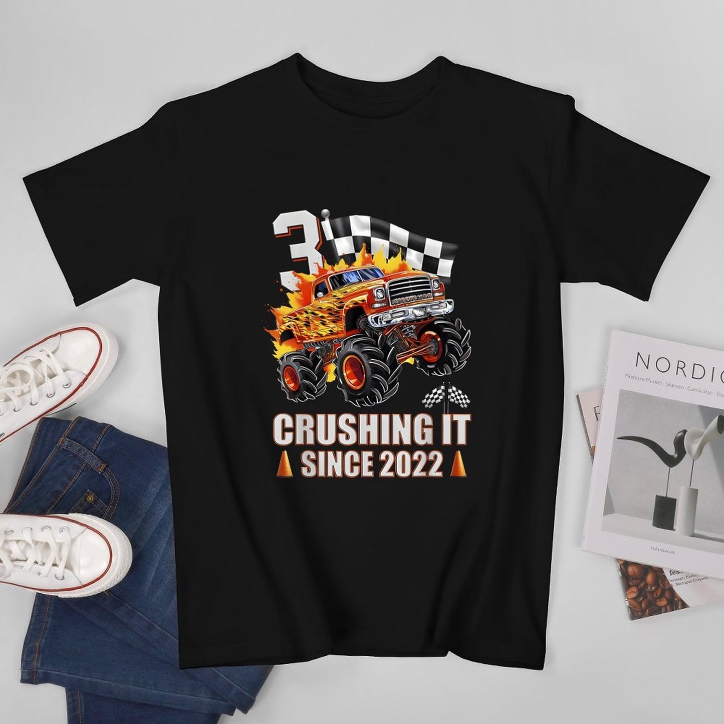 Inkmay Casual Cotton T-shirt Monster Truck With Fire Flames Unisex T-shirtNeutral SoftLine T-Shirt