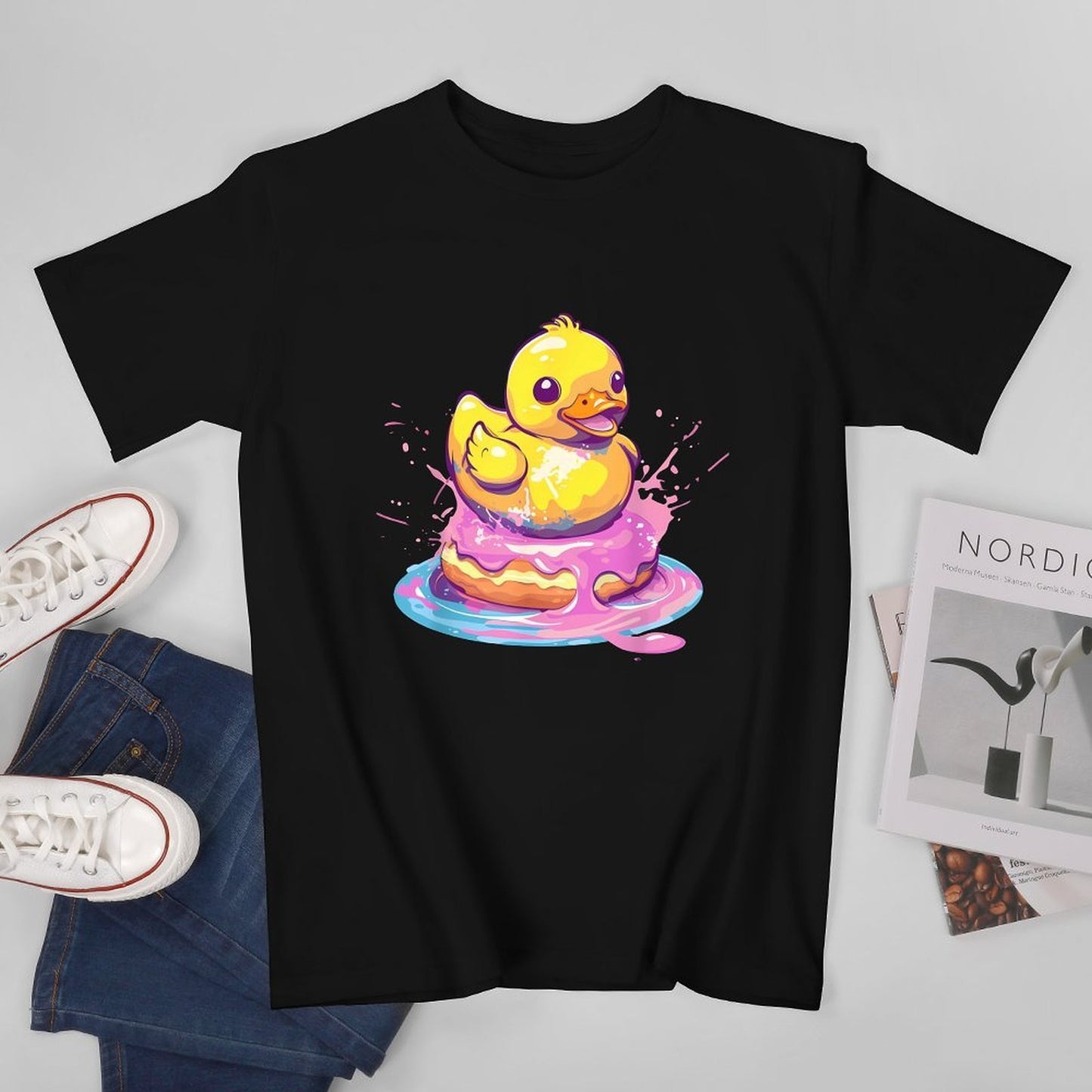 Inkmay Casual Cotton T-shirt Bright Yellow Duck Splashing In Water Unisex T-shirt