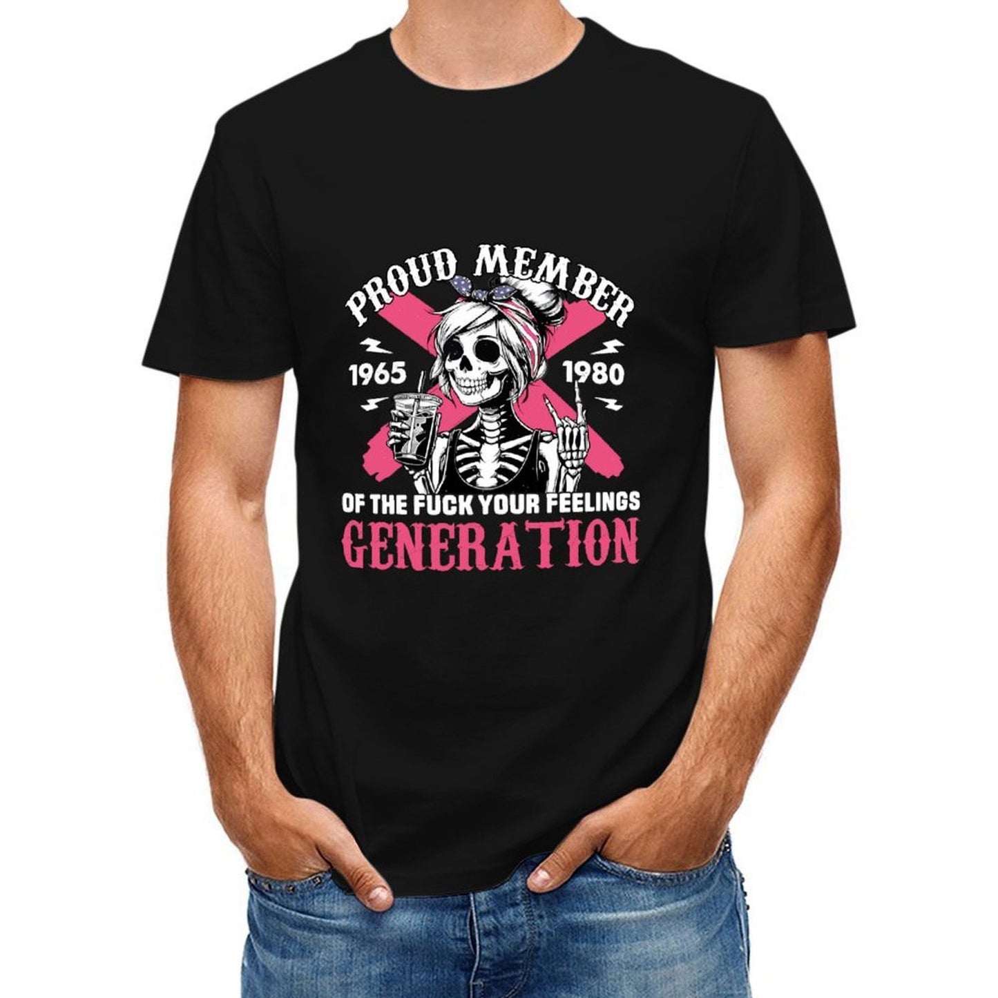 Inkmay Casual Cotton T-shirt Proud Member Skeleton Girl Pink Background Unisex T-shirtStrong V-Neck T-Shirt