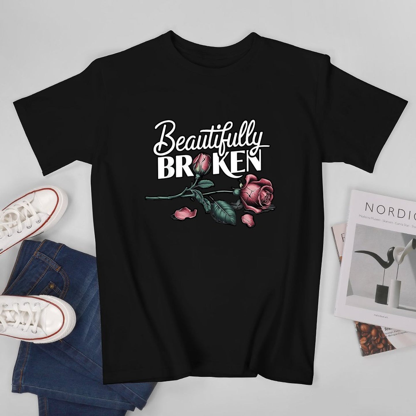 Inkmay Casual Cotton T-shirt Beautifully Broken Roses On Dark Background Unisex T-shirtClassic Fit Series T-Shirt