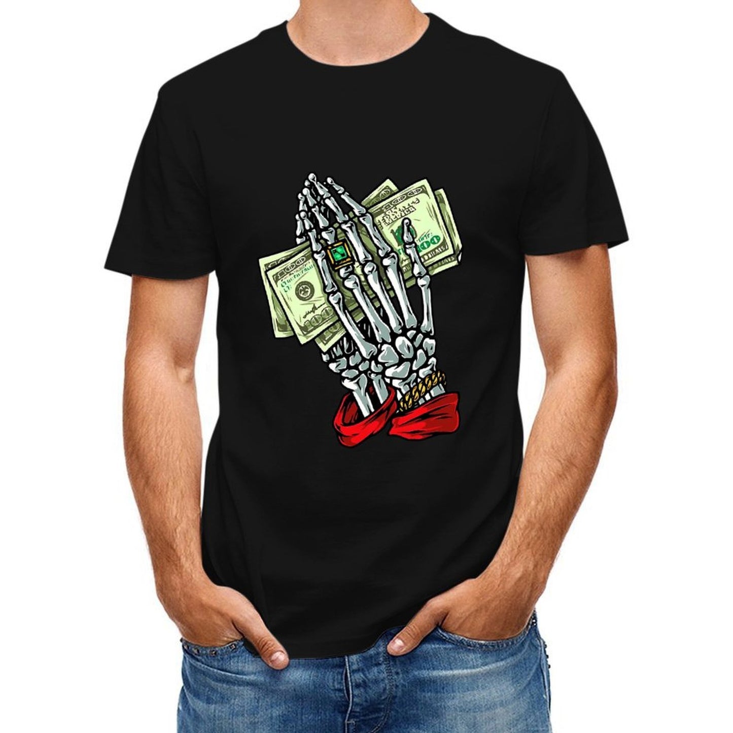 Inkmay Casual Cotton T-shirt Skeleton Hand Holding Money Bills Art Unisex T-shirtDailyFit ComfortSeries T-Shirt