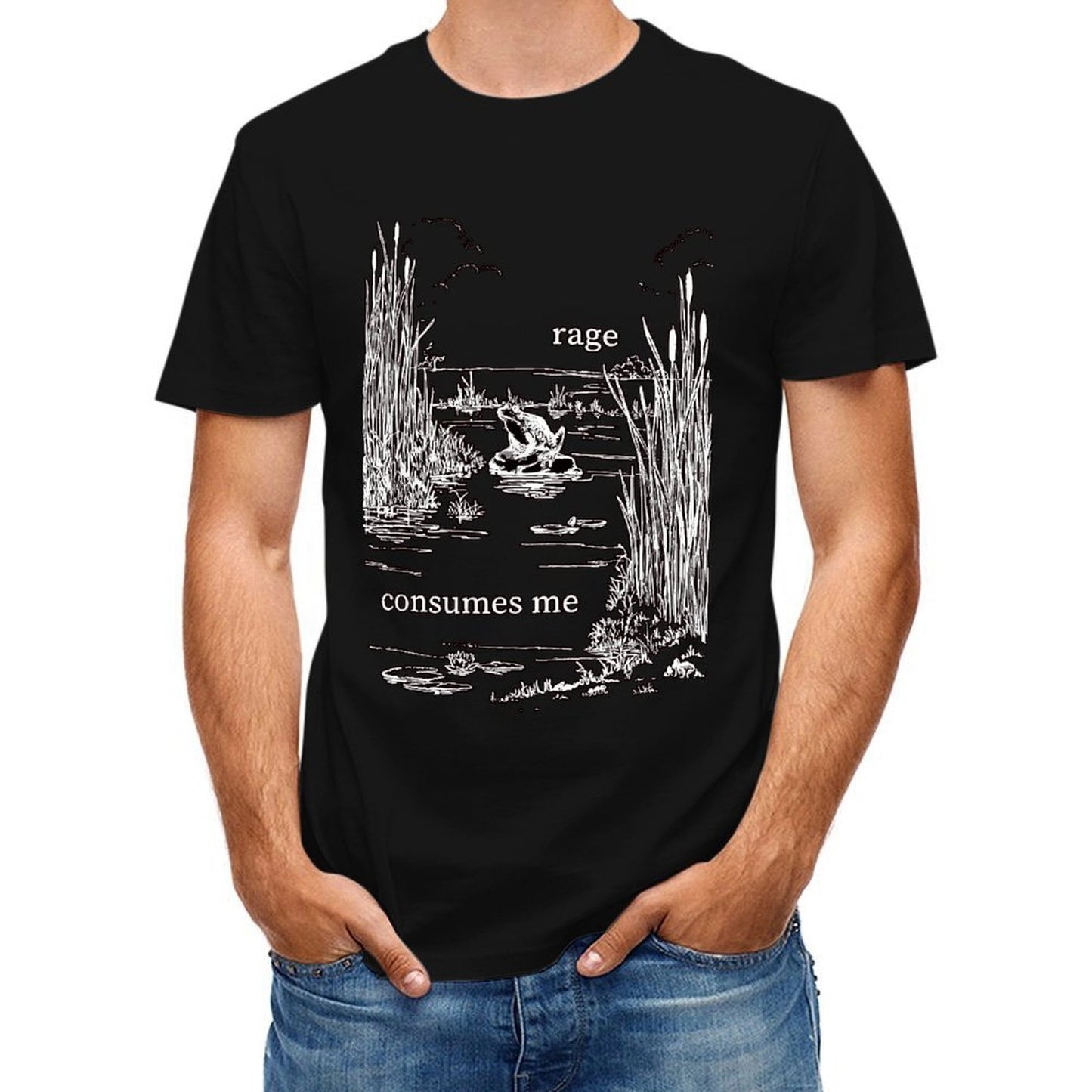 Inkmay Casual Cotton T-shirt Angry Frog Amidst Reeds And Water Unisex T-shirtClassicLine Crew Neck T-Shirt