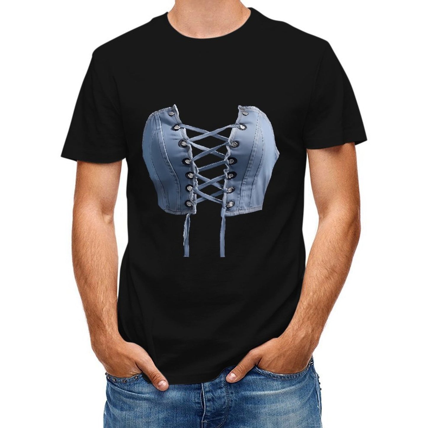 Inkmay Casual Cotton T-shirt Blue Satin Corset With Laceups Unisex T-shirtSimple Heavyweight T-Shirt