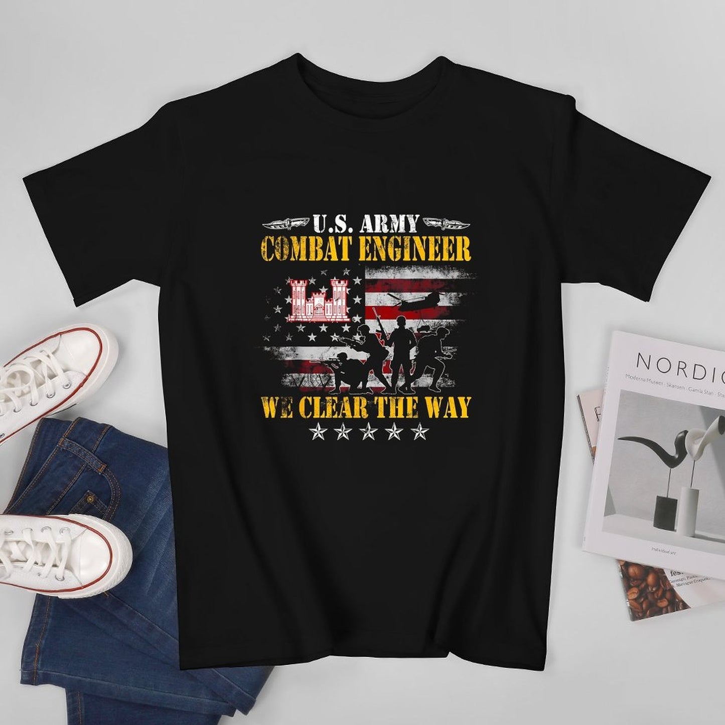 Inkmay Casual Cotton T-shirt Combat Engineer Flag Silhouette Soldier Design Unisex T-shirtClean Edges Relaxed Fit T-Shirt
