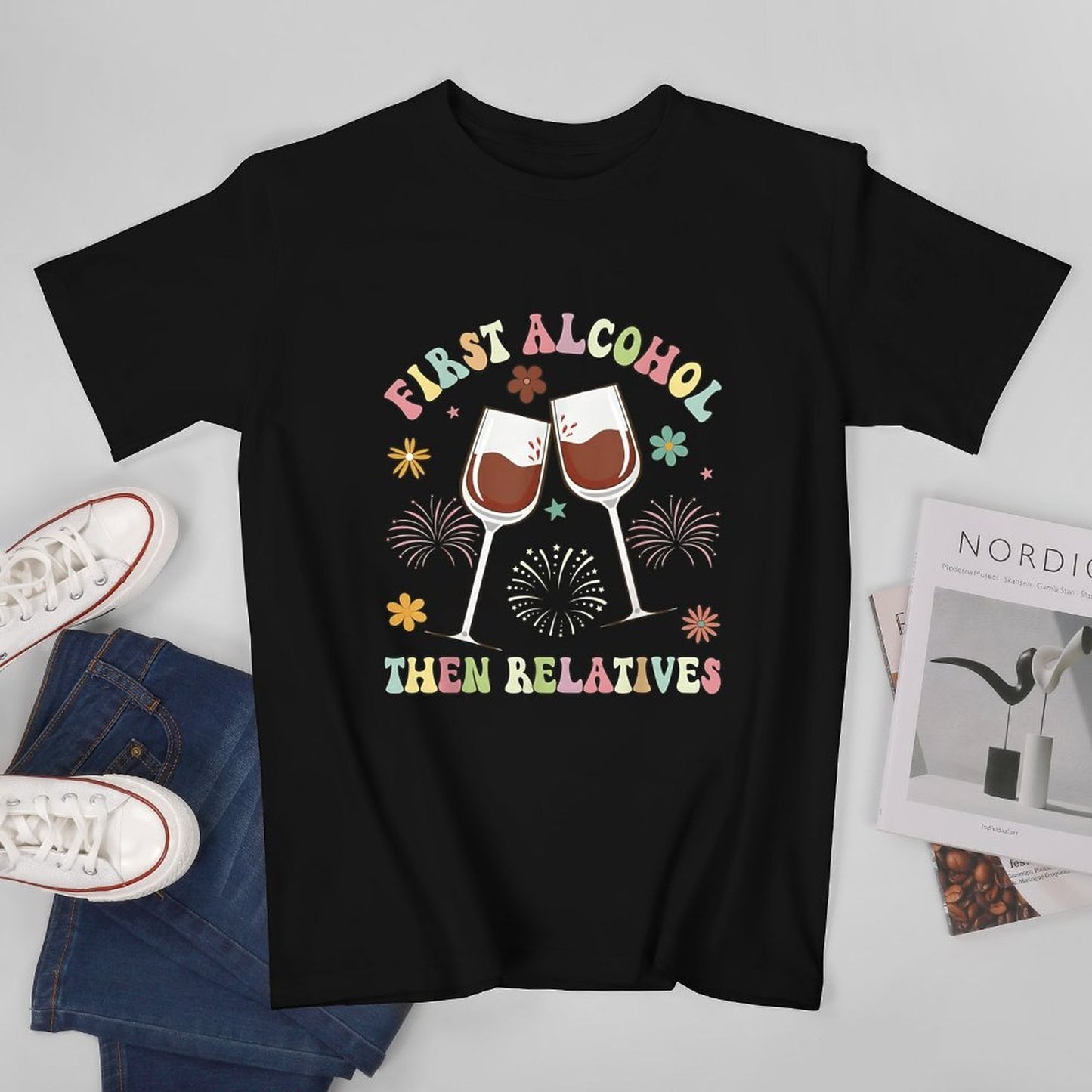 Inkmay Casual Cotton T-shirt First Alcohol Then Relatives Wine Glasses Unisex T-shirtColorfast EasyWear T-Shirt