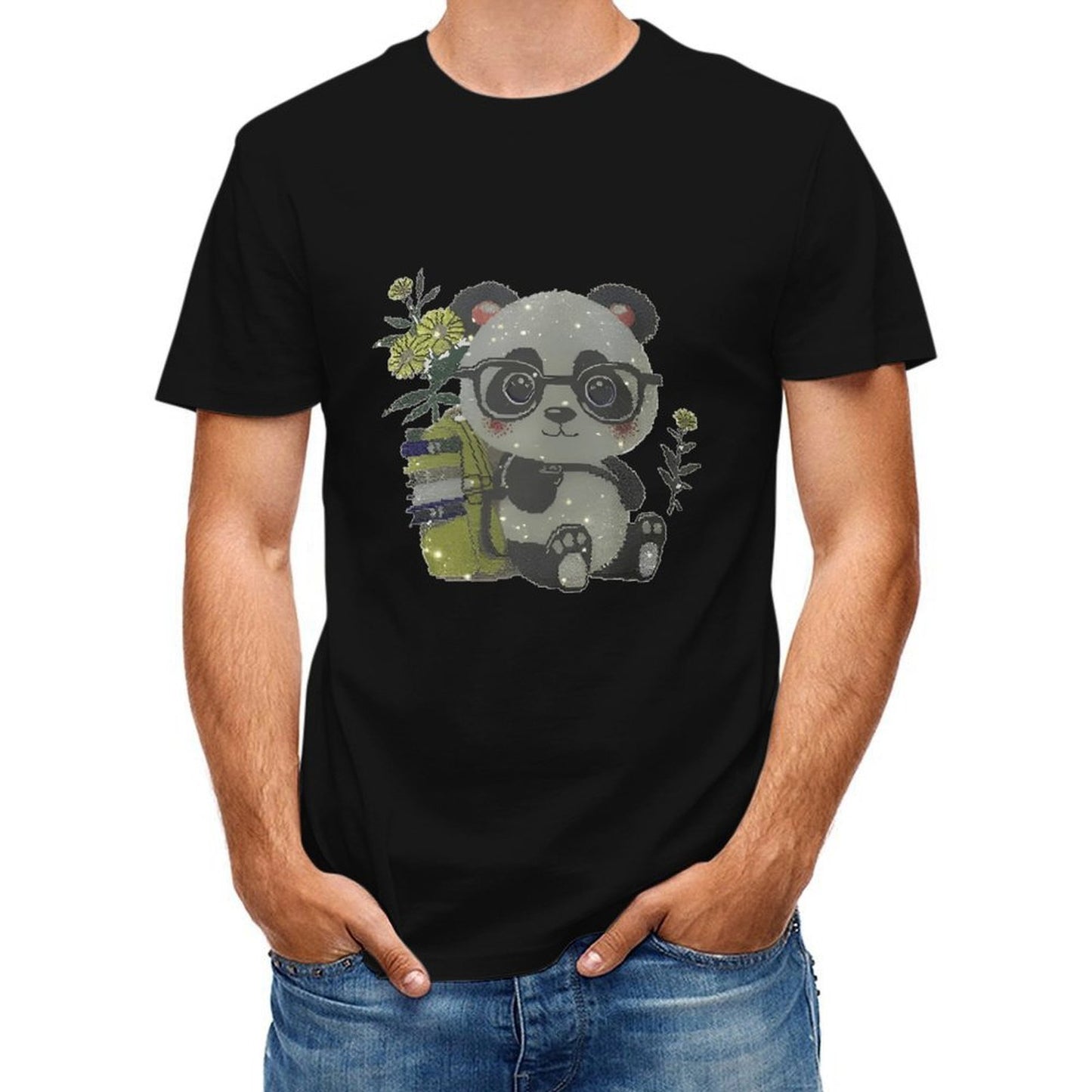 Inkmay Casual Cotton T-shirt Adorable Panda With Glasses And Books Unisex T-shirt