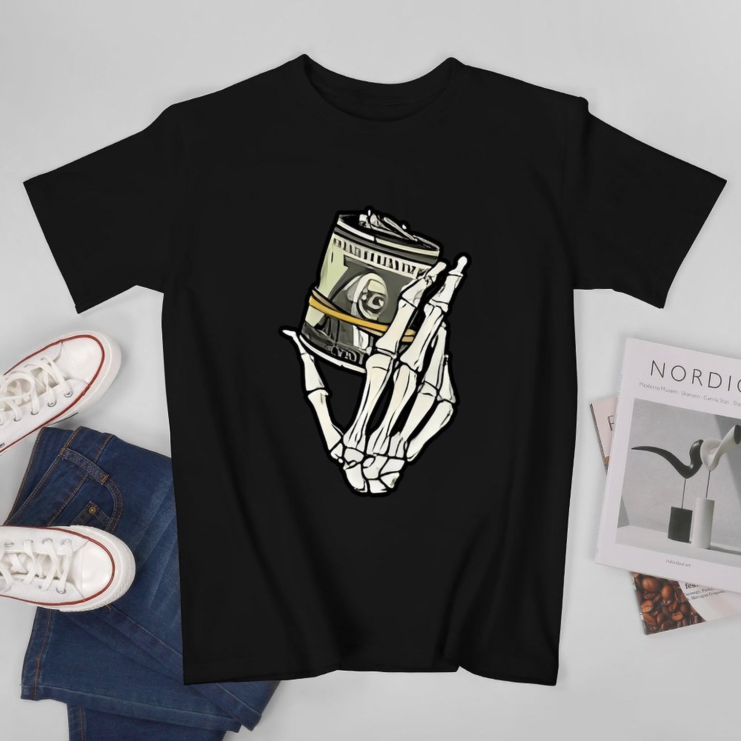Inkmay Casual Cotton T-shirt Skeleton Hand Holding Film Roll Art Unisex T-shirtChill Colorfast T-Shirt