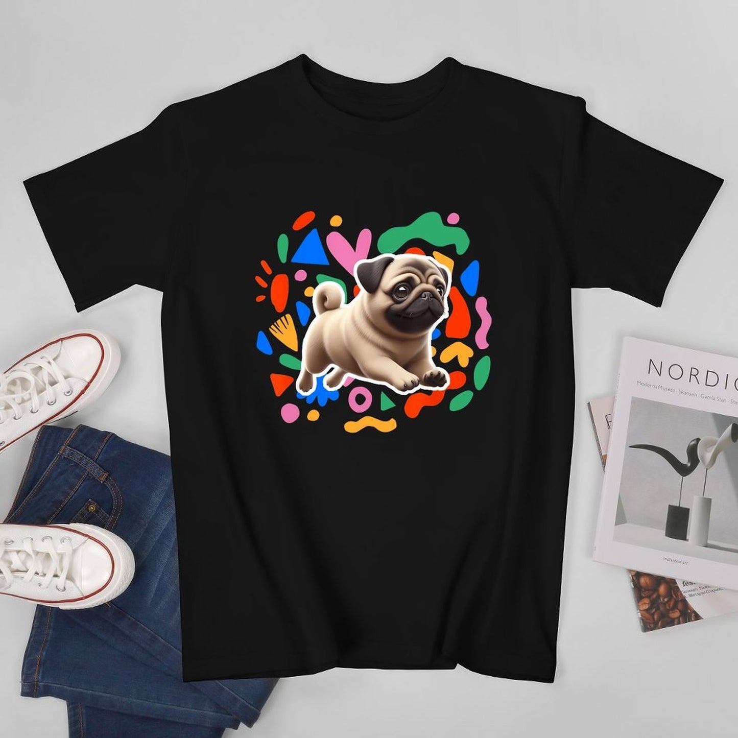 Inkmay Casual Cotton T-shirt Colorful Geometric Shapes With Pug Dog Unisex T-shirtOversized Heritage T-Shirt