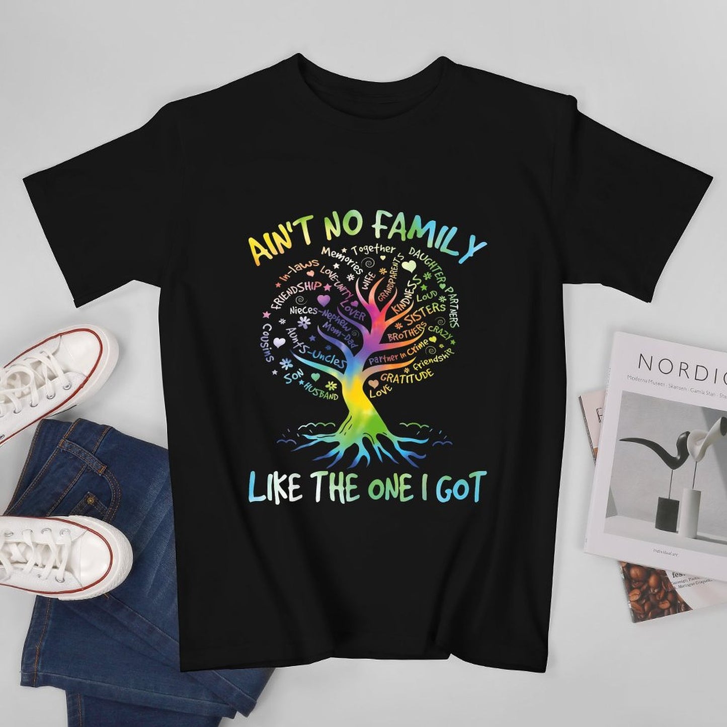 Inkmay Casual Cotton T-shirt Family Tree With Colorful Words Unisex T-shirtEverydayWear Series T-Shirt