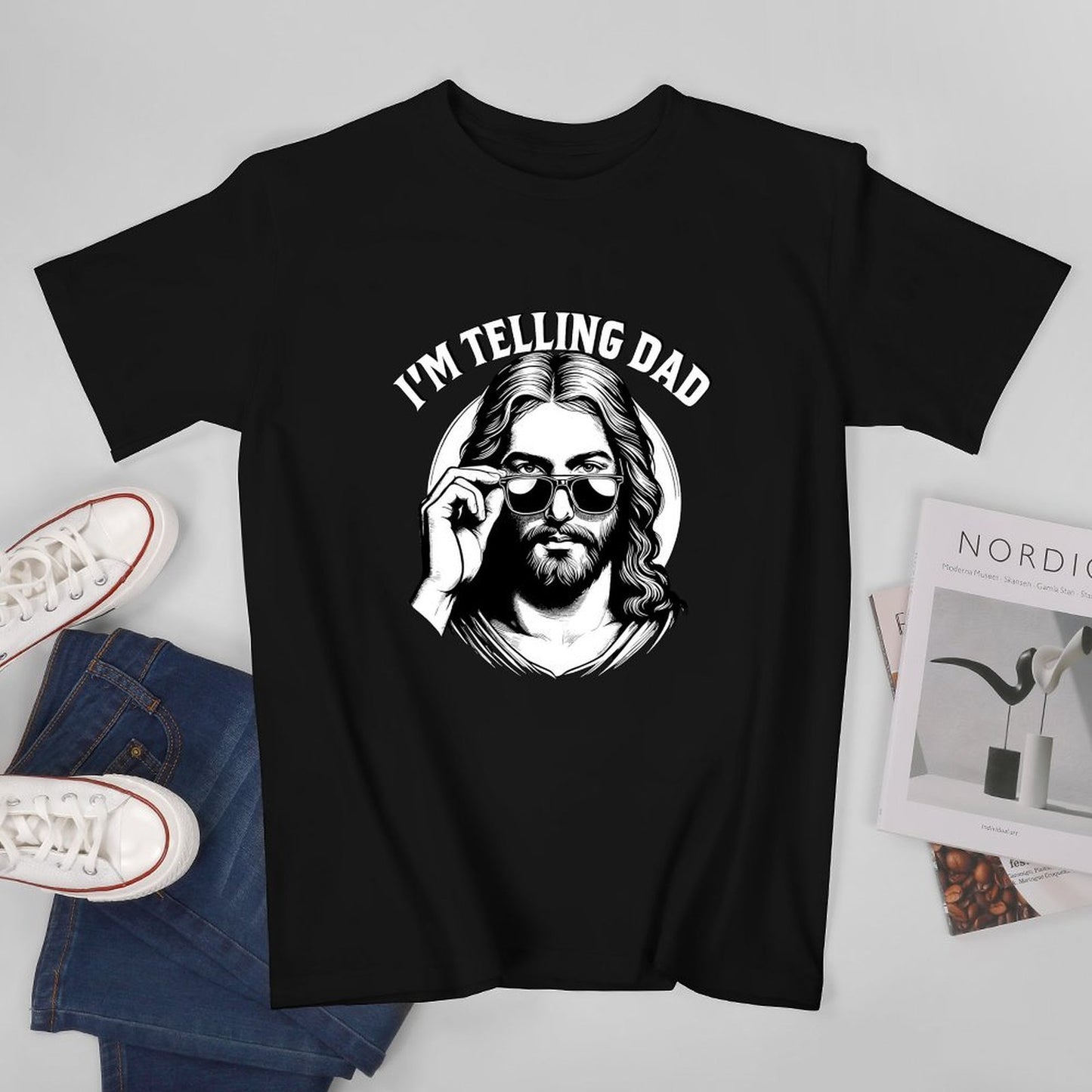 Inkmay Casual Cotton T-shirt Jesus Wearing Sunglasses Artistic Black White Unisex T-shirtFundraising ClassicSeries T-Shirt