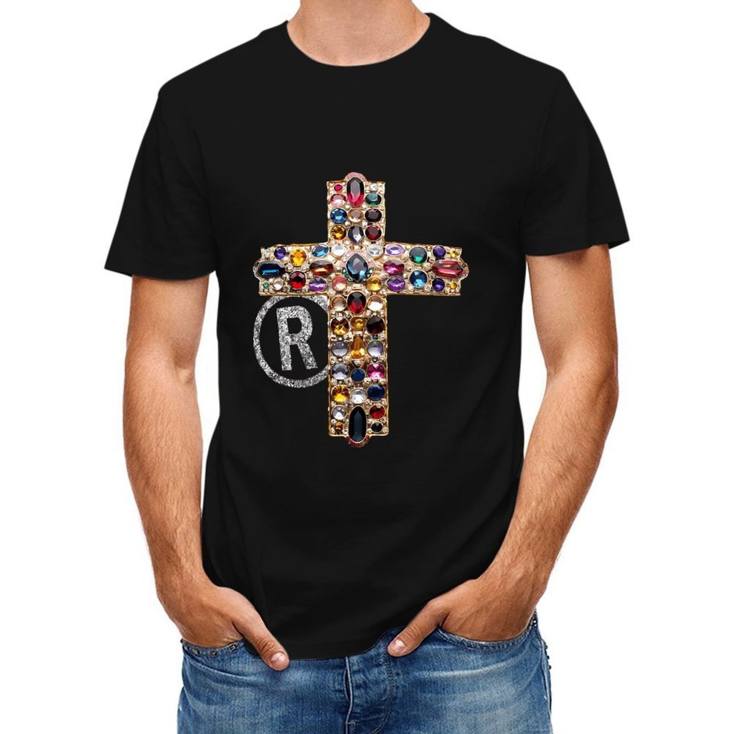 Inkmay Casual Cotton T-shirt Elegant Cross With Gemstones And Rhinestones Unisex T-shirtEco / Sustainable EverydayWear T-Shirt